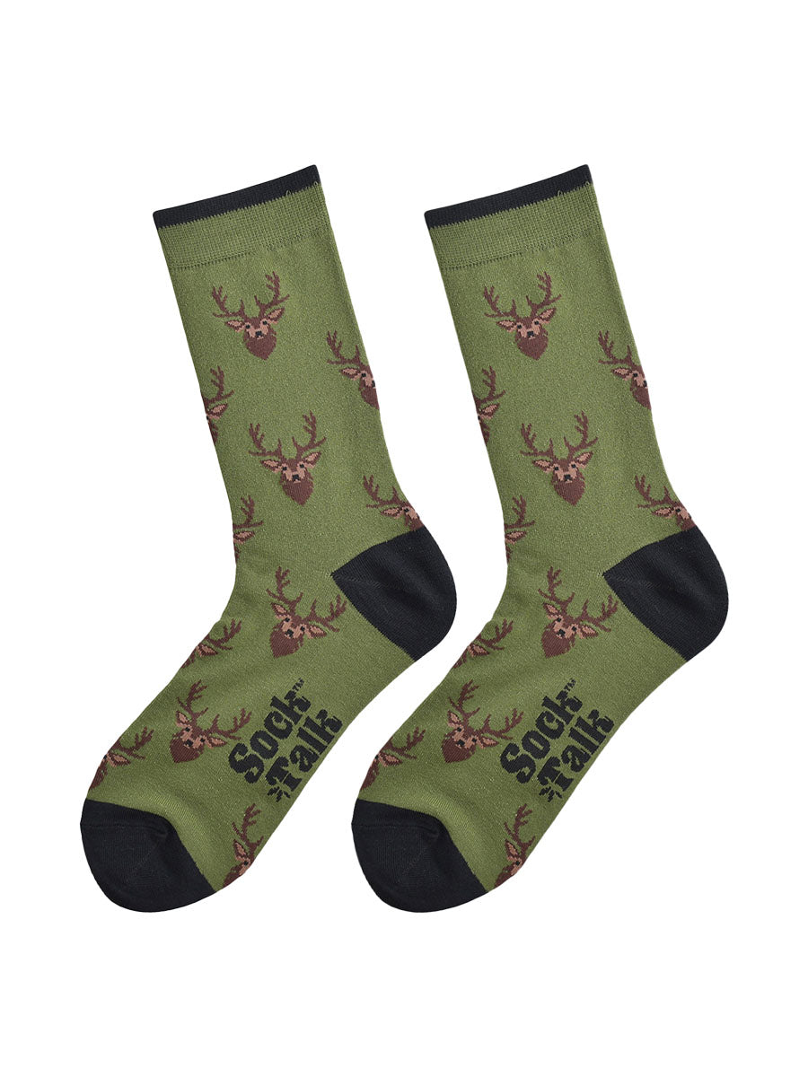 green socks with black heel, toe and cuff with an all over pattern of brown stags heads.
