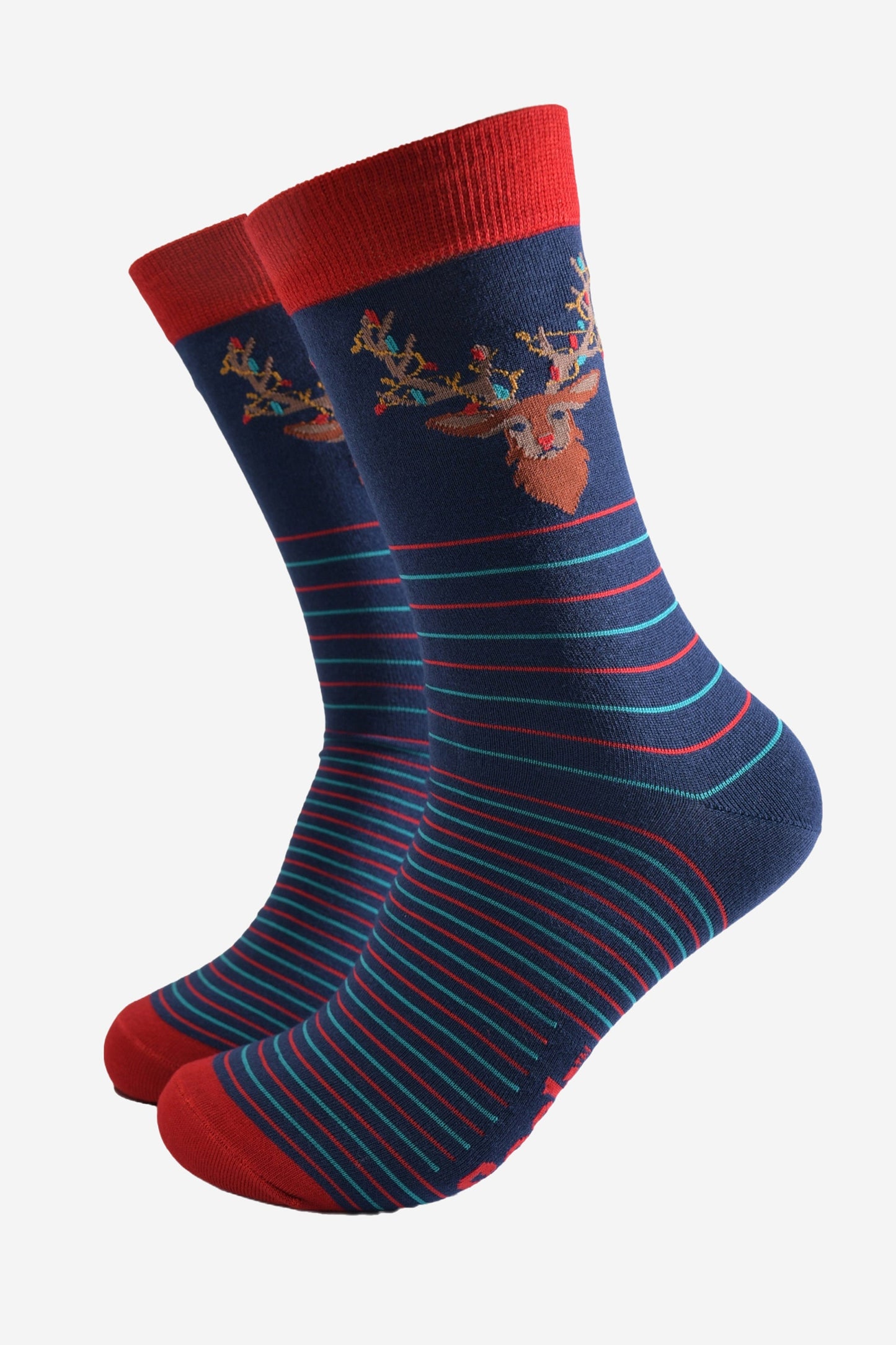 Men's Bamboo Socks Gift Box -Navy Blue/Red, Woodland Stag Christmas