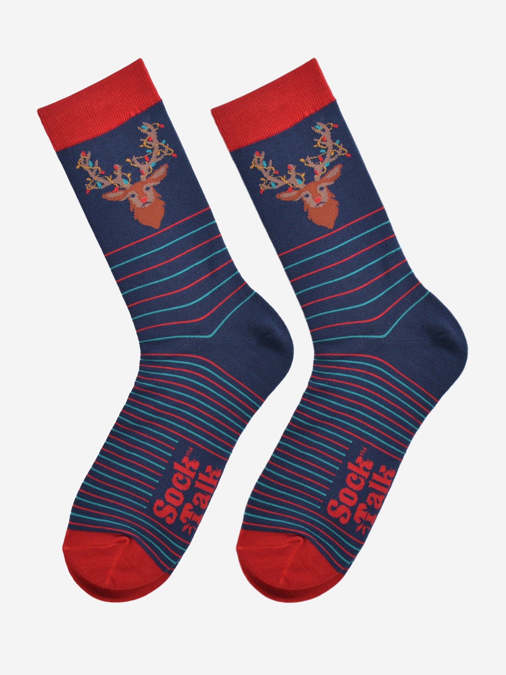 navy blue and red stag party lights socks laying flat, showing the pinstripe pattern in red and turquoise and the large stag head on the ankle