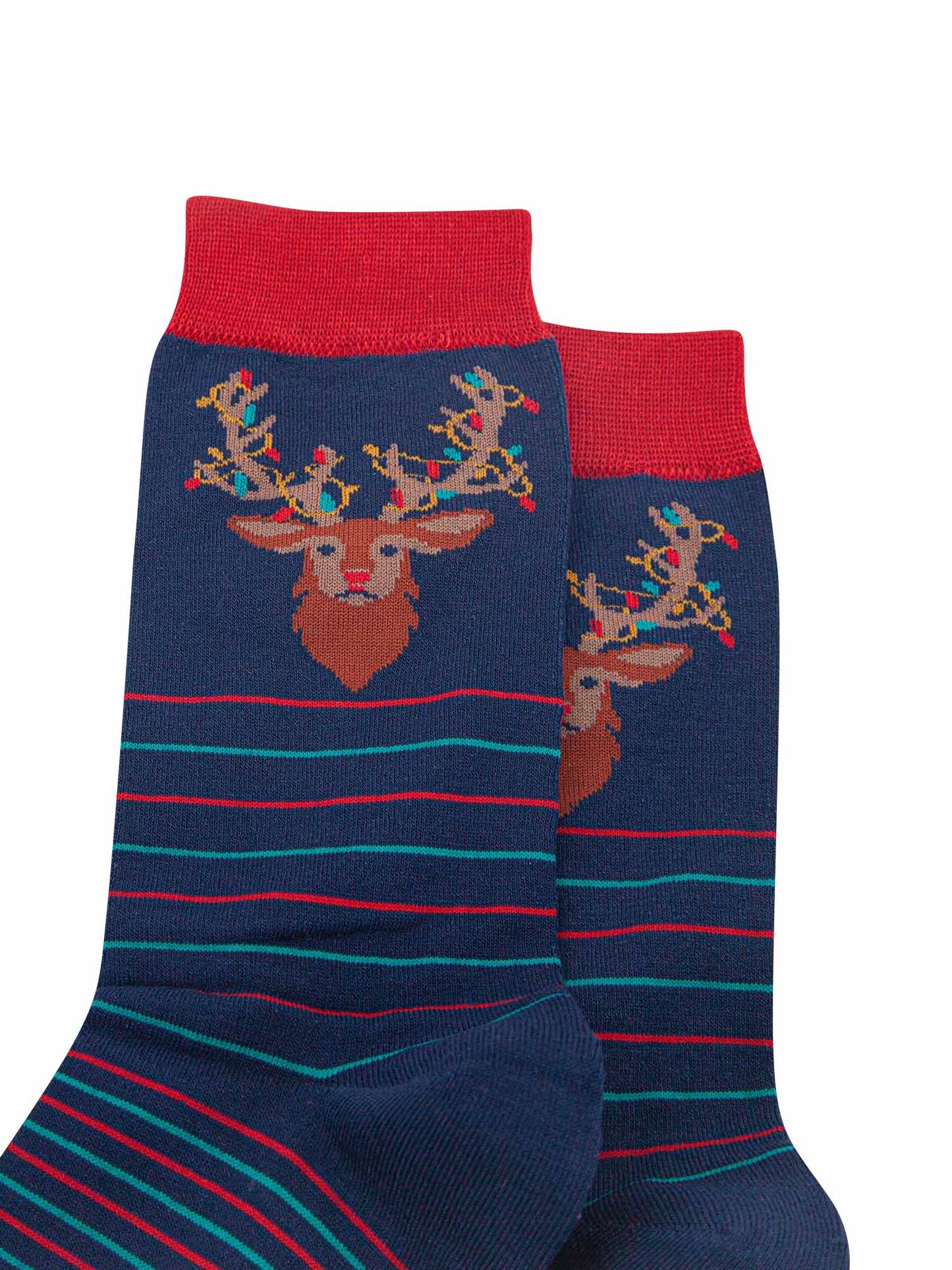 close up of the stag head design on the ankle of the socks, showing the festive party lights entangled in its antlers