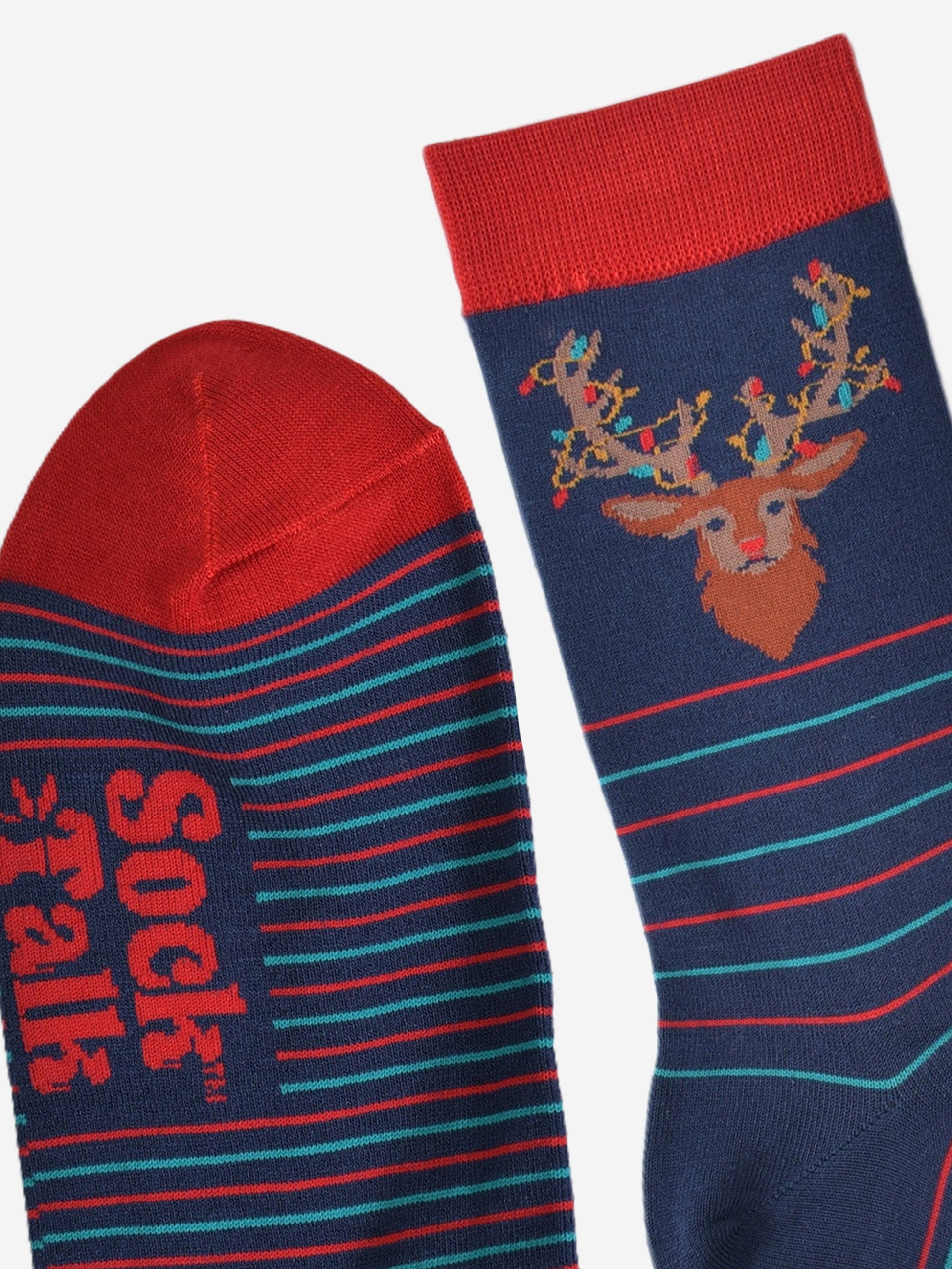 showing the toe and the cuff of the stag party bamboo socks, they are both red in contrast to the navy blue base of the socks