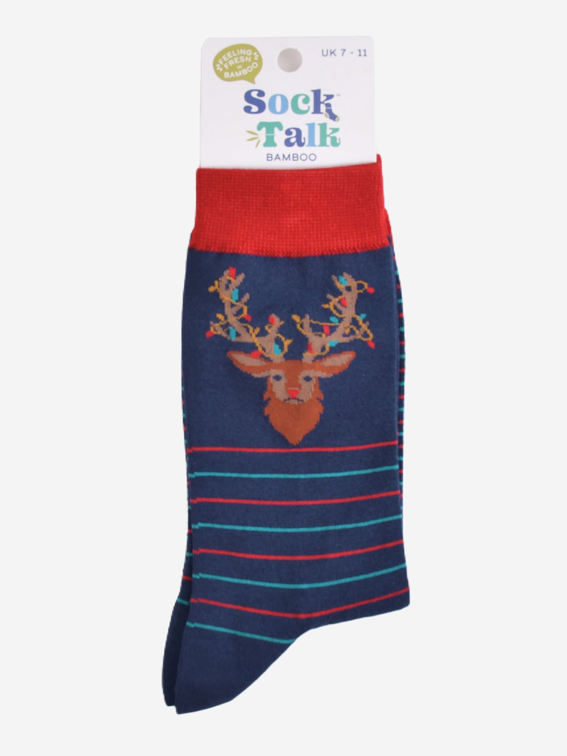 striped stag party light bamboo socks in their sock talk packgaing, the socks are a uk size 7-11
