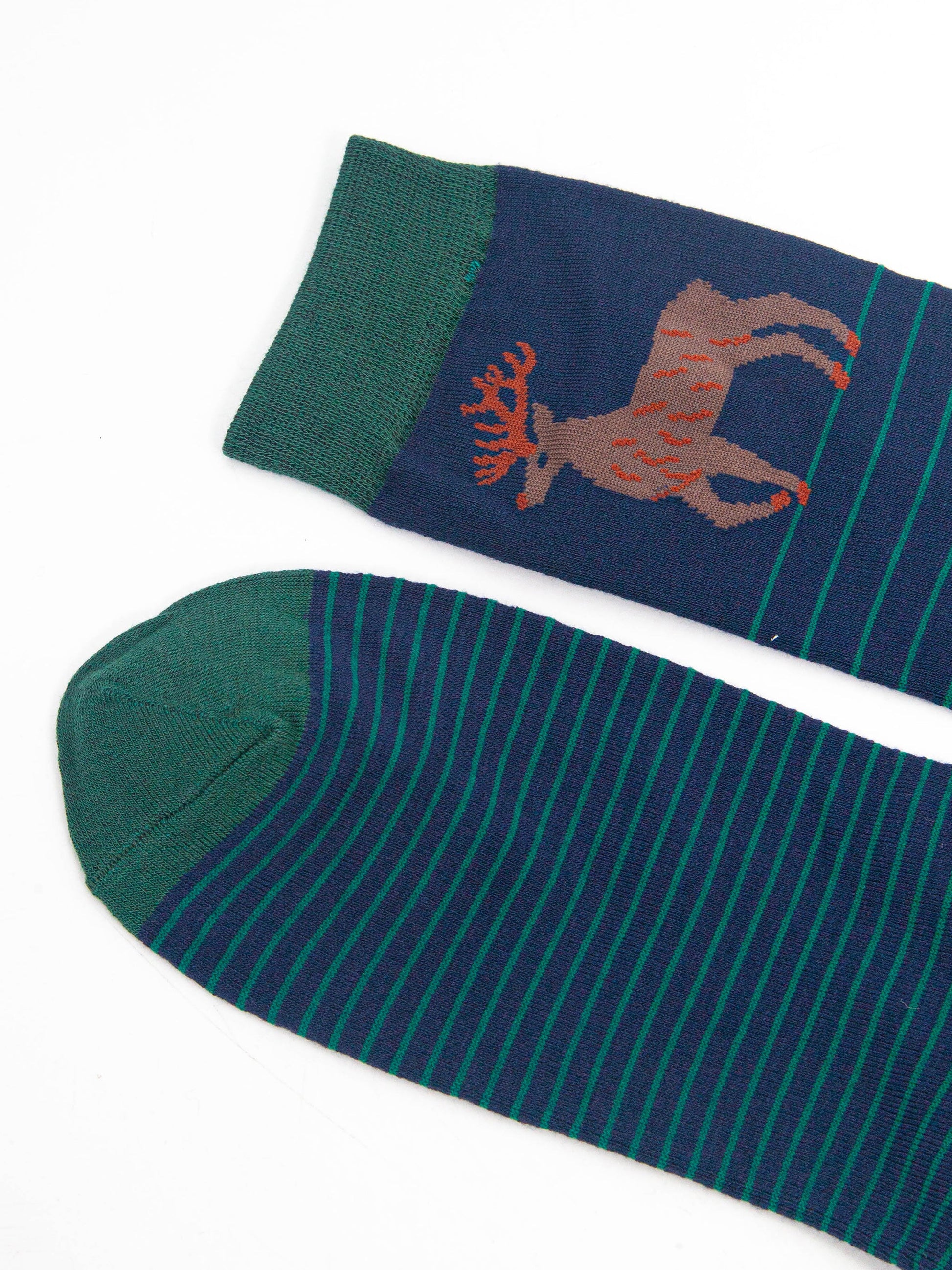 close up of the toe and cuff, both are green in contrast to the navy blue base of the socks