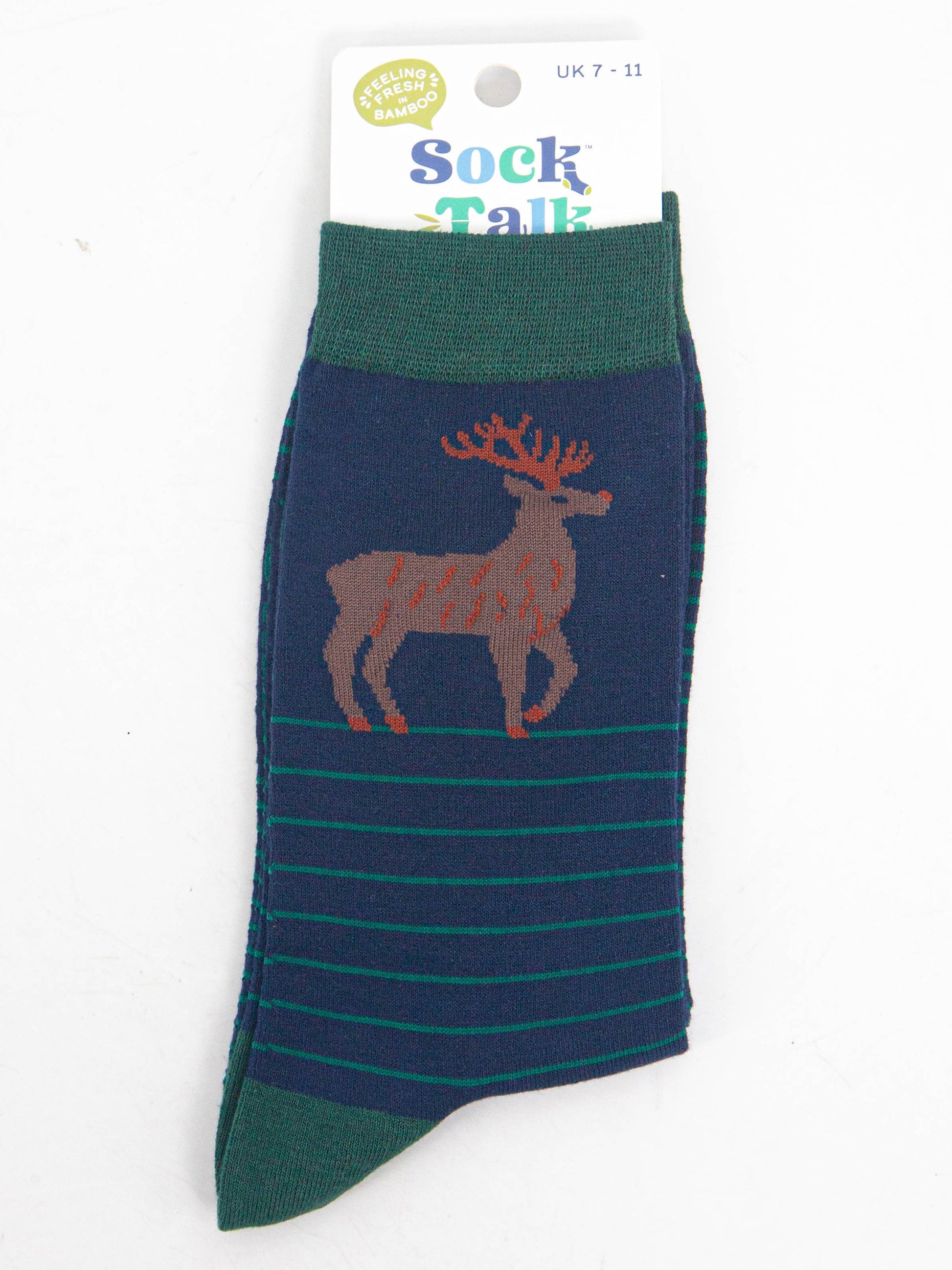 striped stag bamboo socks in their sock talk packaging, these socks are a uk size 3-7