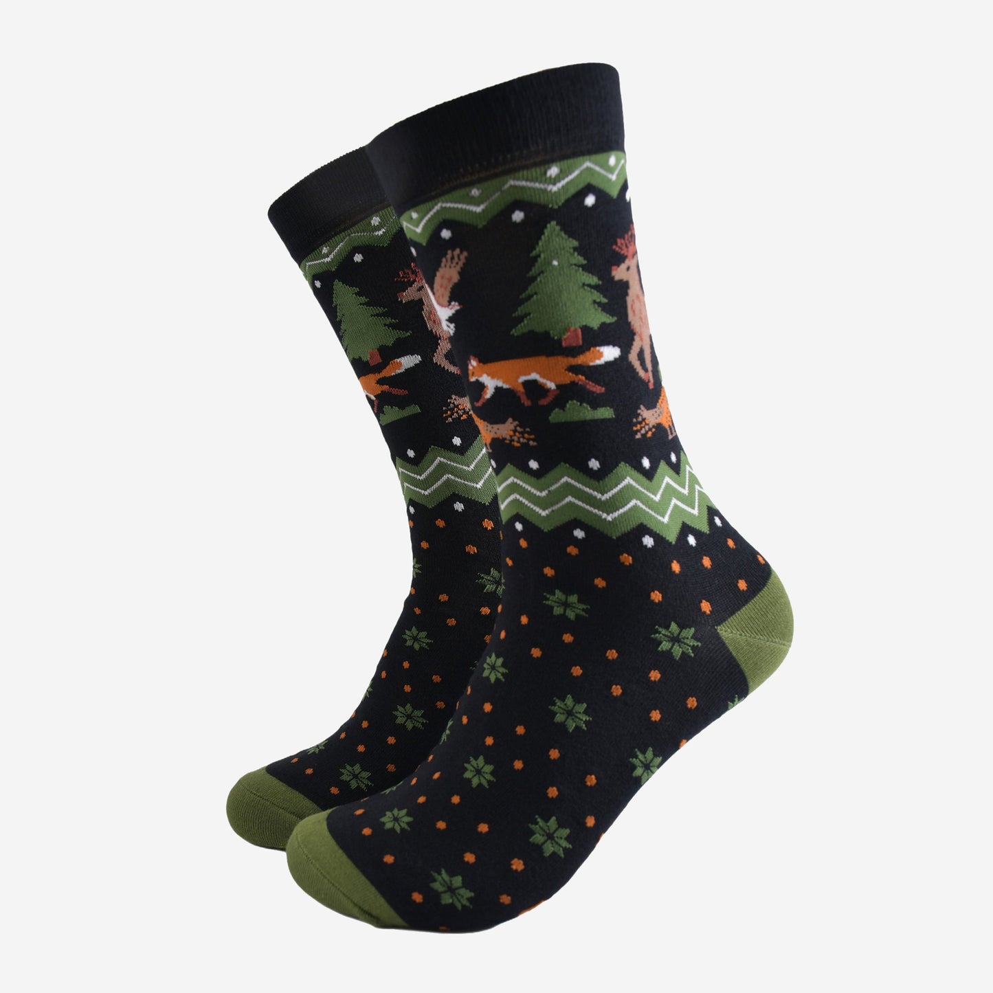 black and green fair isle style crew socks with a woodland animals on the ankle, red foxes, pheasants and stags