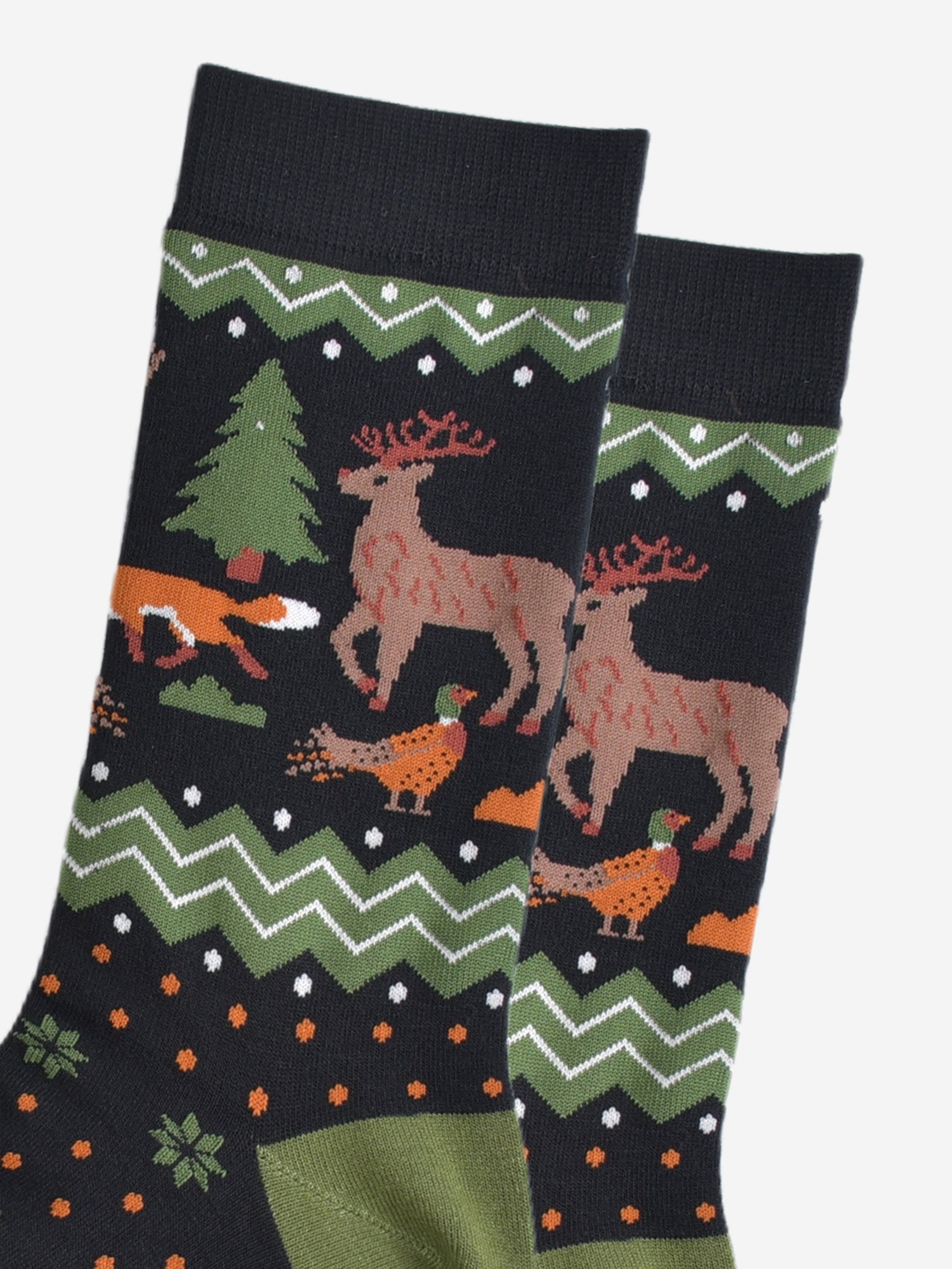 close up of the woodland animals on the ankle of the socks, there is a pheasant, red fox and stag with antlers