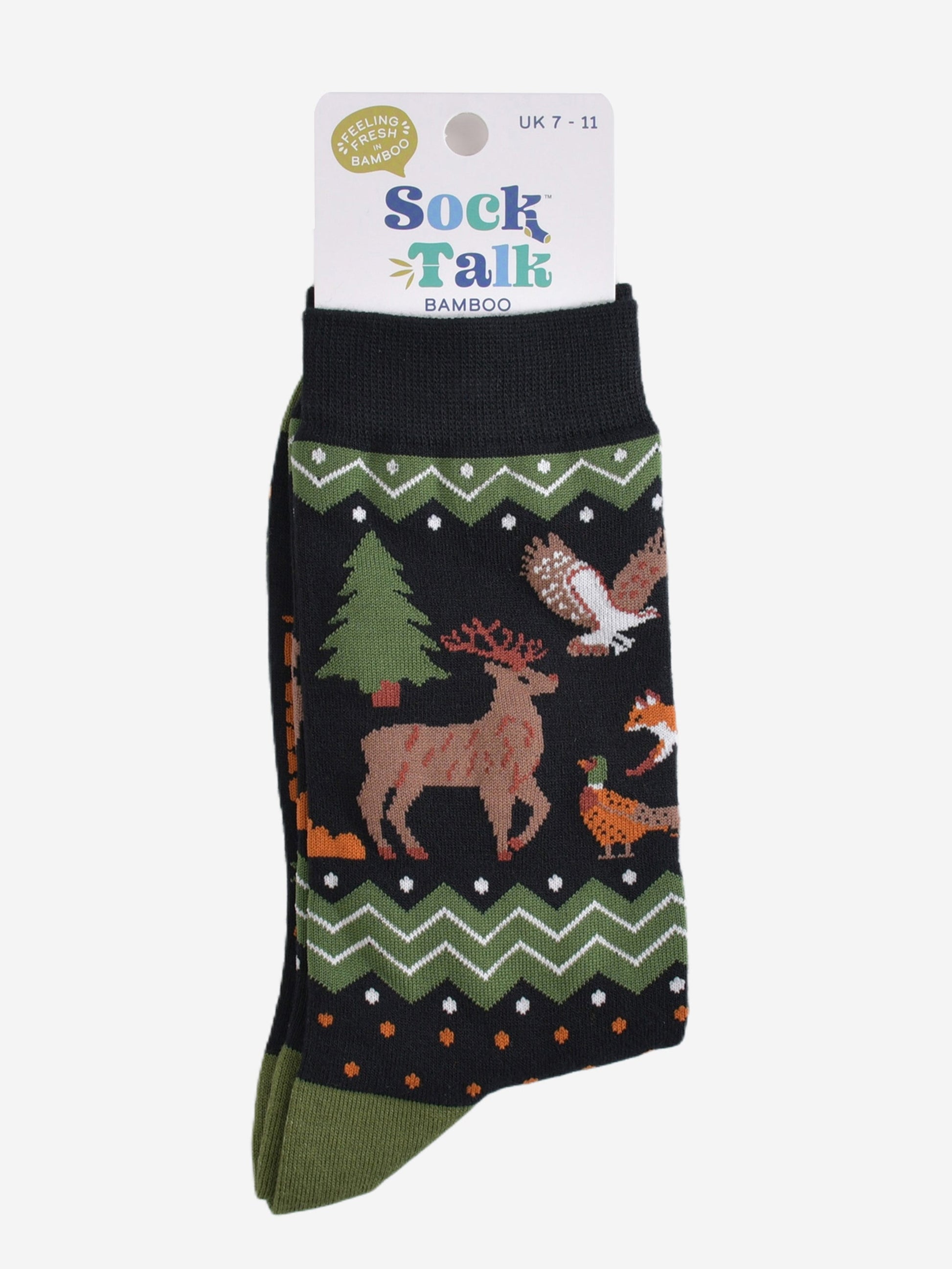 woodland animals bamboo socks in their sock talk packaging, these socks are a uk size 7-11