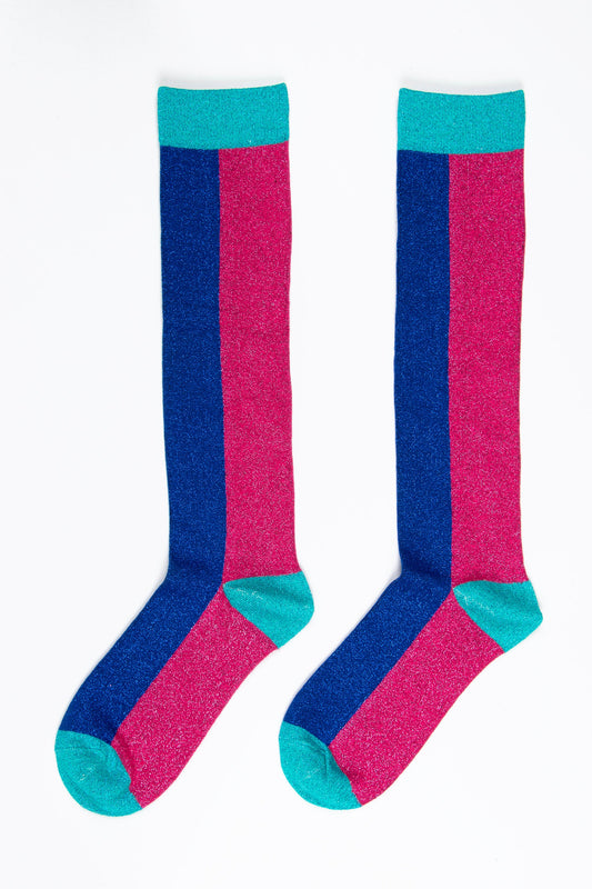 Colour Block Cotton Knee High Glitter Socks in Blue/Pink