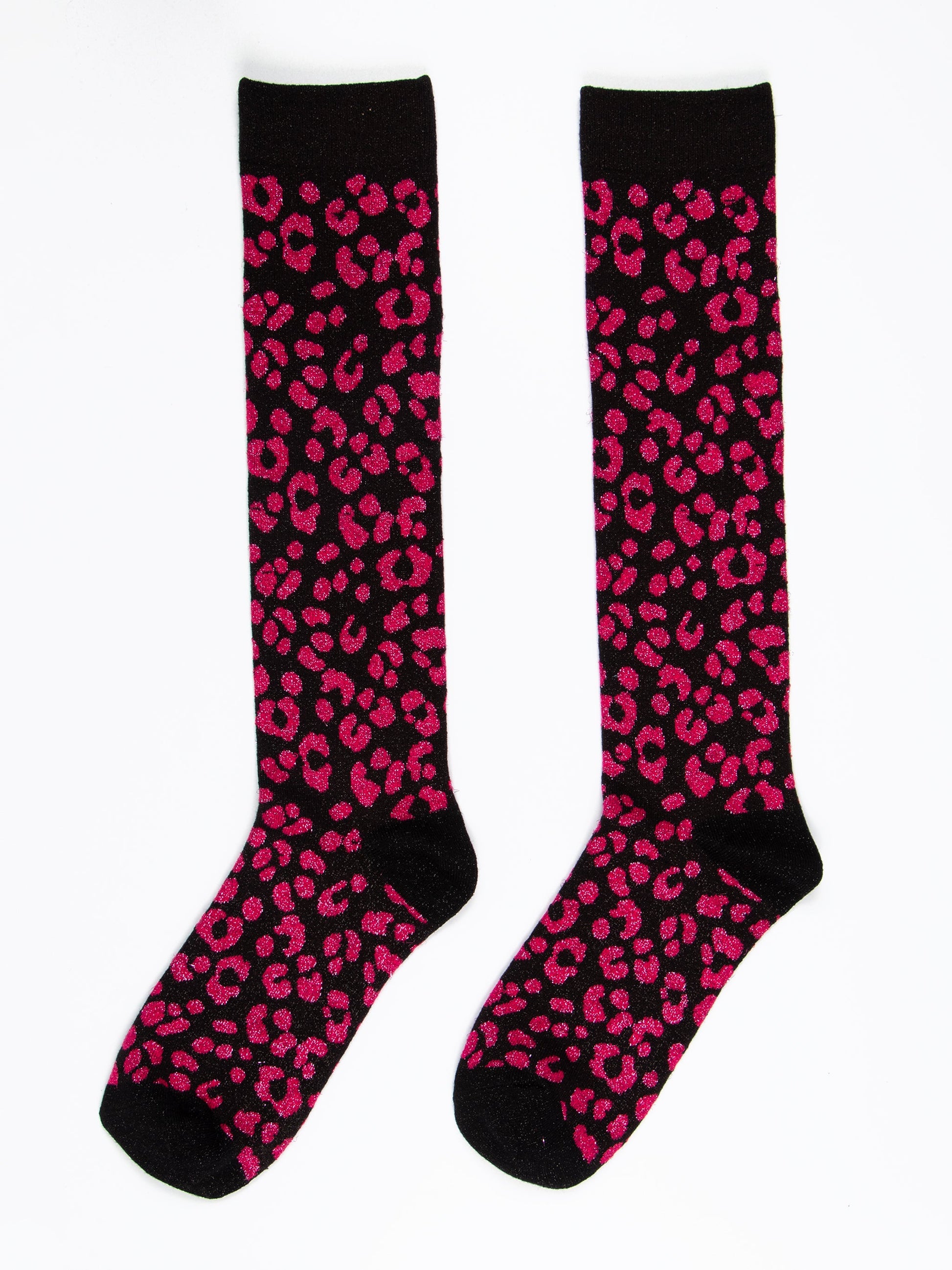 pink and black leopard print knee high glitter socks