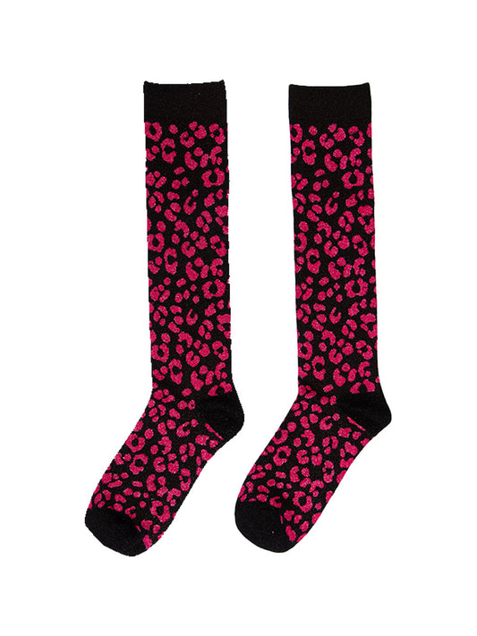 pink and black leopard print knee high glitter socks
