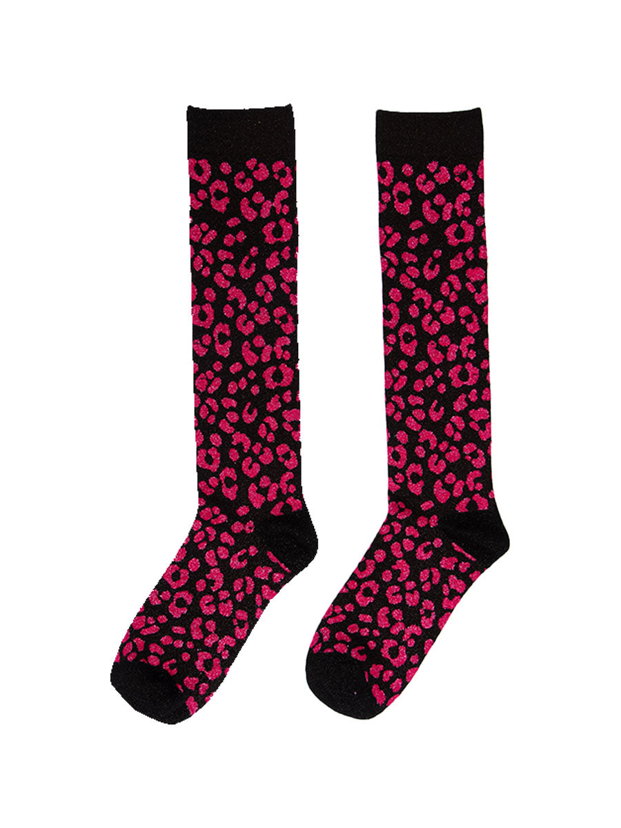 pink and black leopard print knee high glitter socks