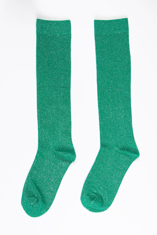 Plain Cotton Knee High Glitter Socks in Green