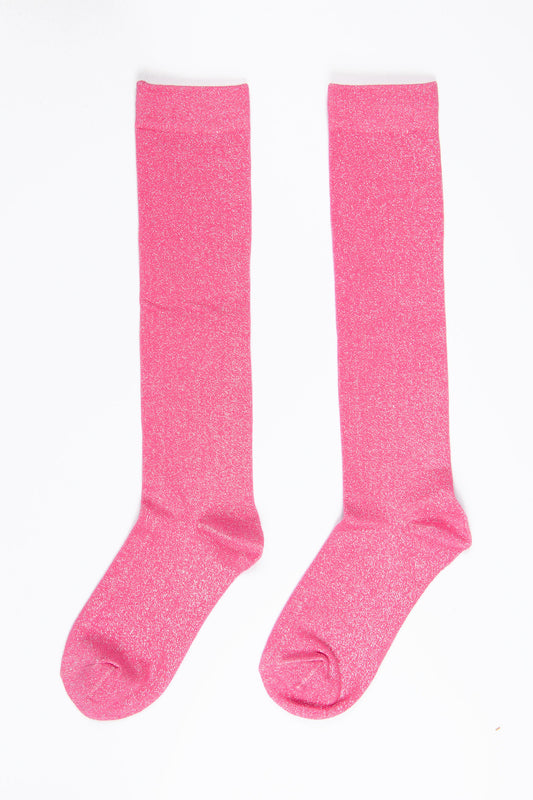 Plain Cotton Knee High Glitter Socks in Pink