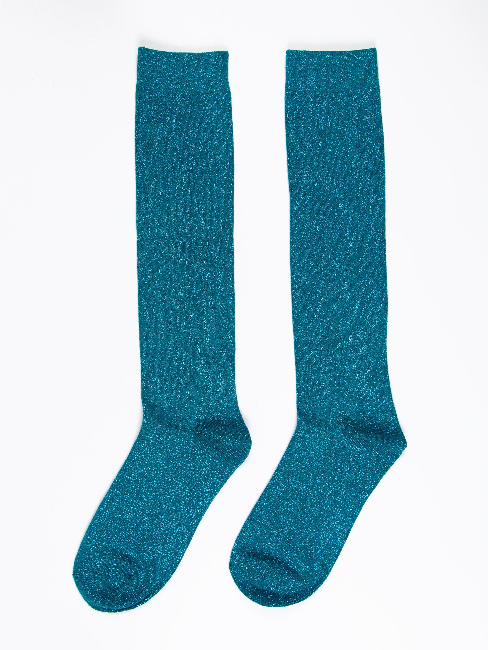 knee length teal glitter socks with an all over sparkle