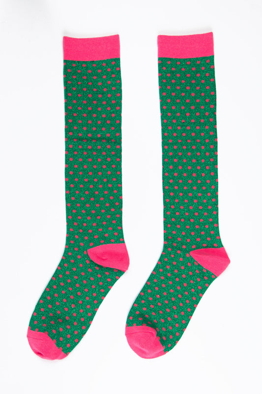Polka Dot Cotton Knee High Glitter Socks in Green/Pink