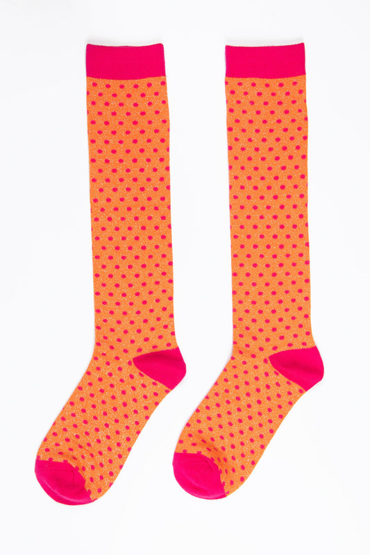 Women's Knee High Glitter Socks - Orange/Fuchsia, Small Polka Dot