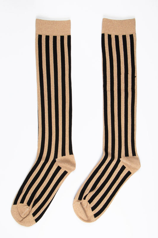 Women's Knee High Glitter Socks - Black/Gold, Vertical Stripe