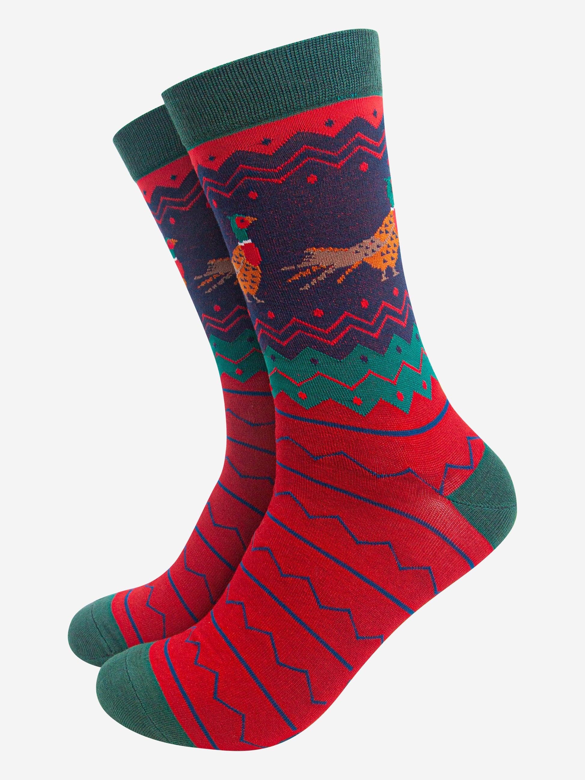 red green and navy bamboo mens socks featuring woodland pheasants and a zig zag fair isle pattern