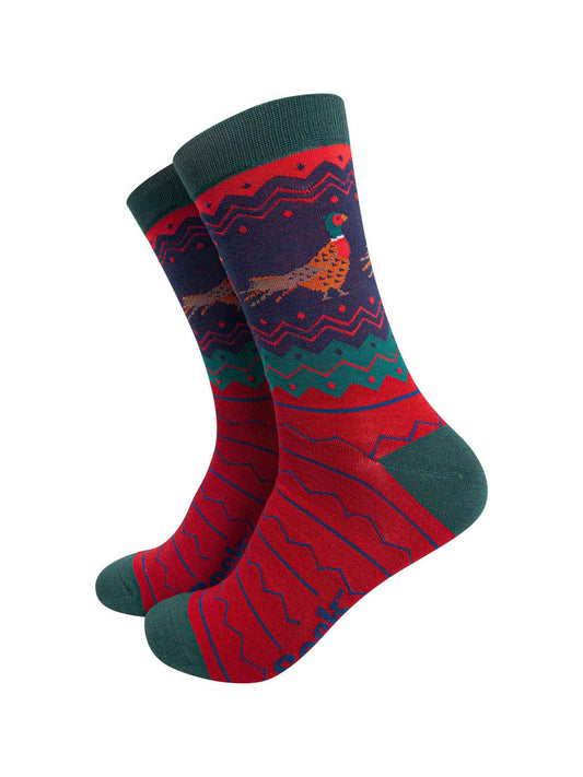 red green and navy bamboo mens socks featuring woodland pheasants and a zig zag fair isle pattern
