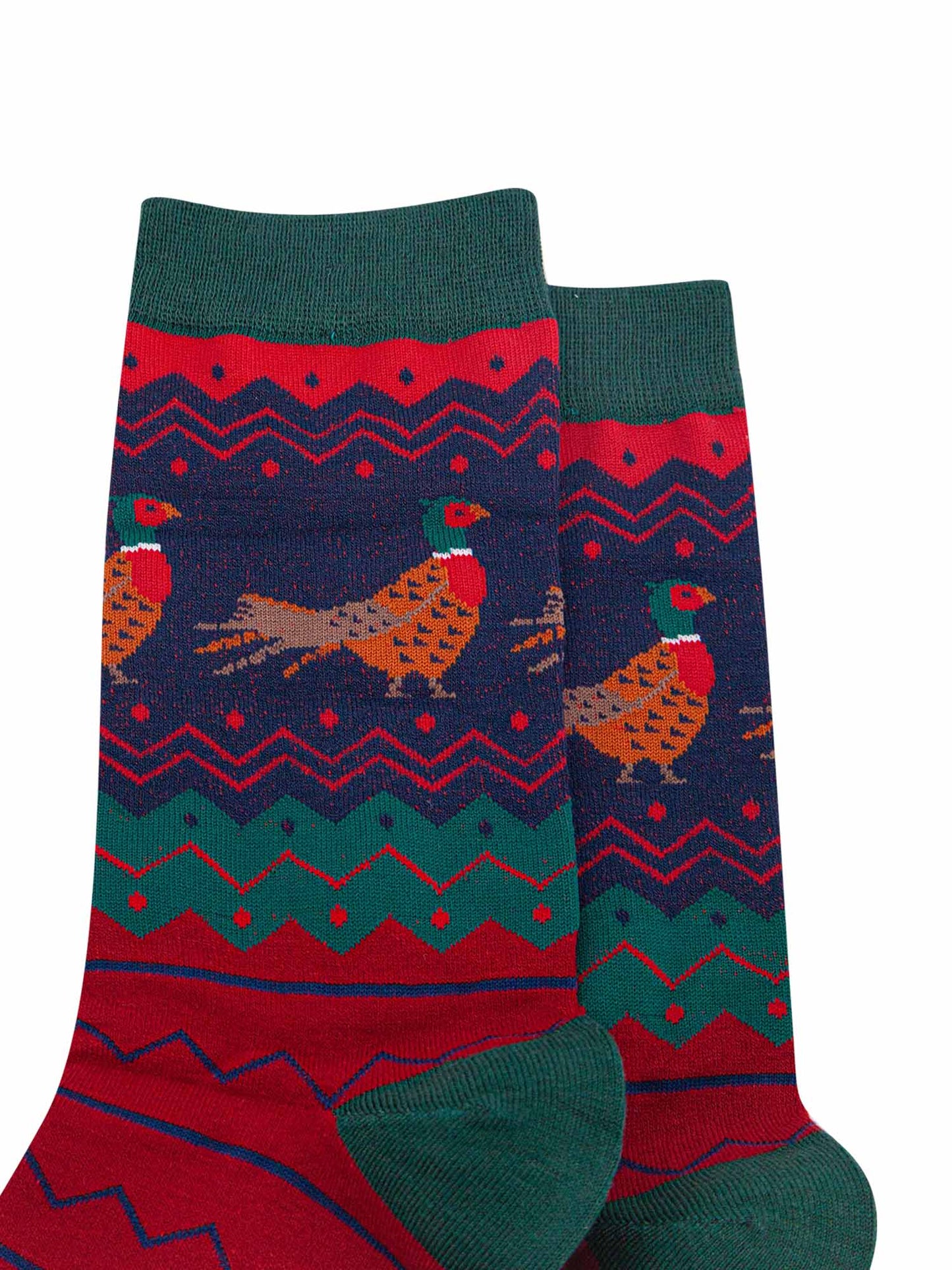 close up of the pheasant pattern on the ankle of the socks, the birds are brown and orange with red bellies and a green and red head. 