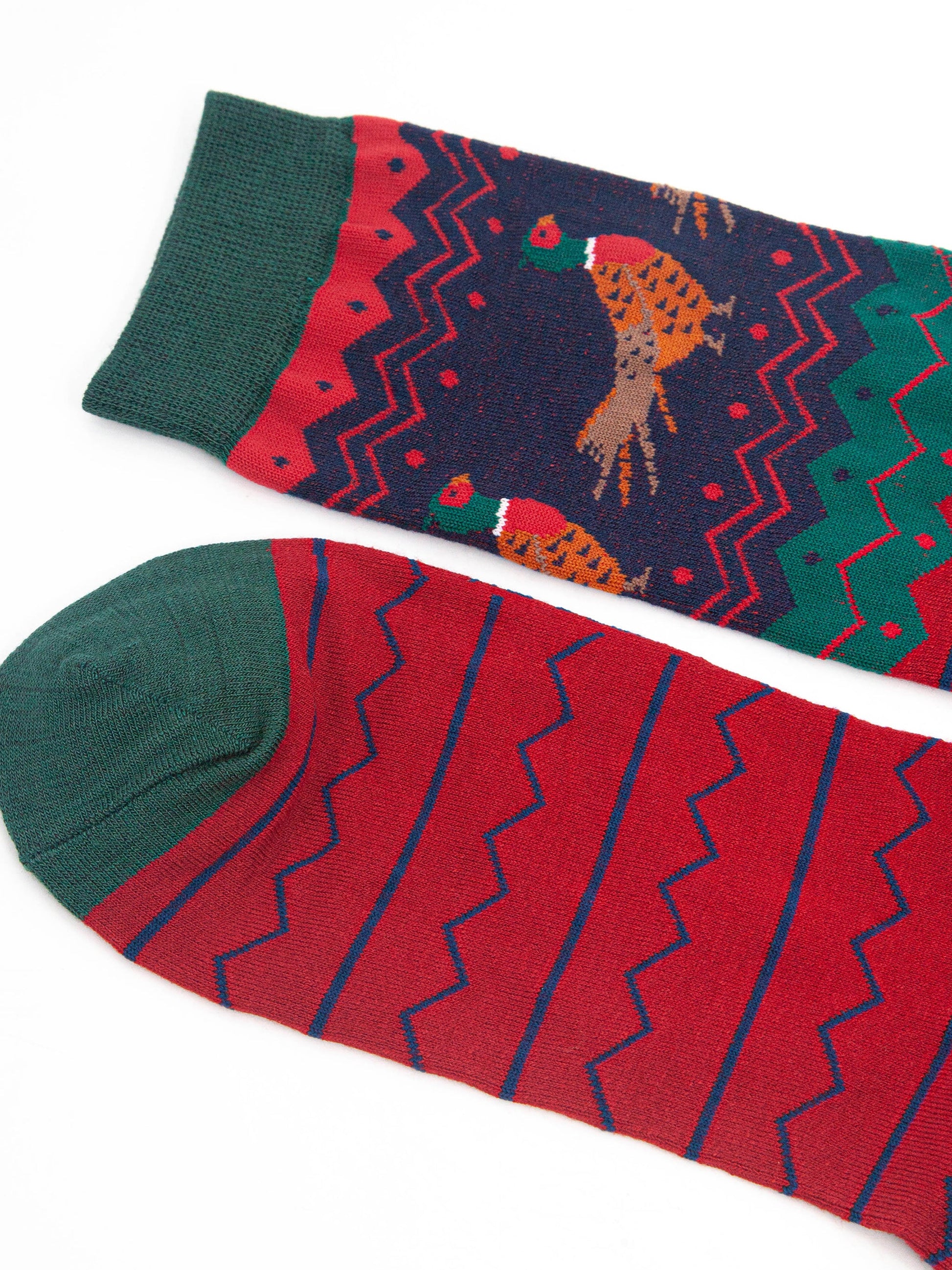 close up of the toe and cuff of the pheasant socks, they are green. 