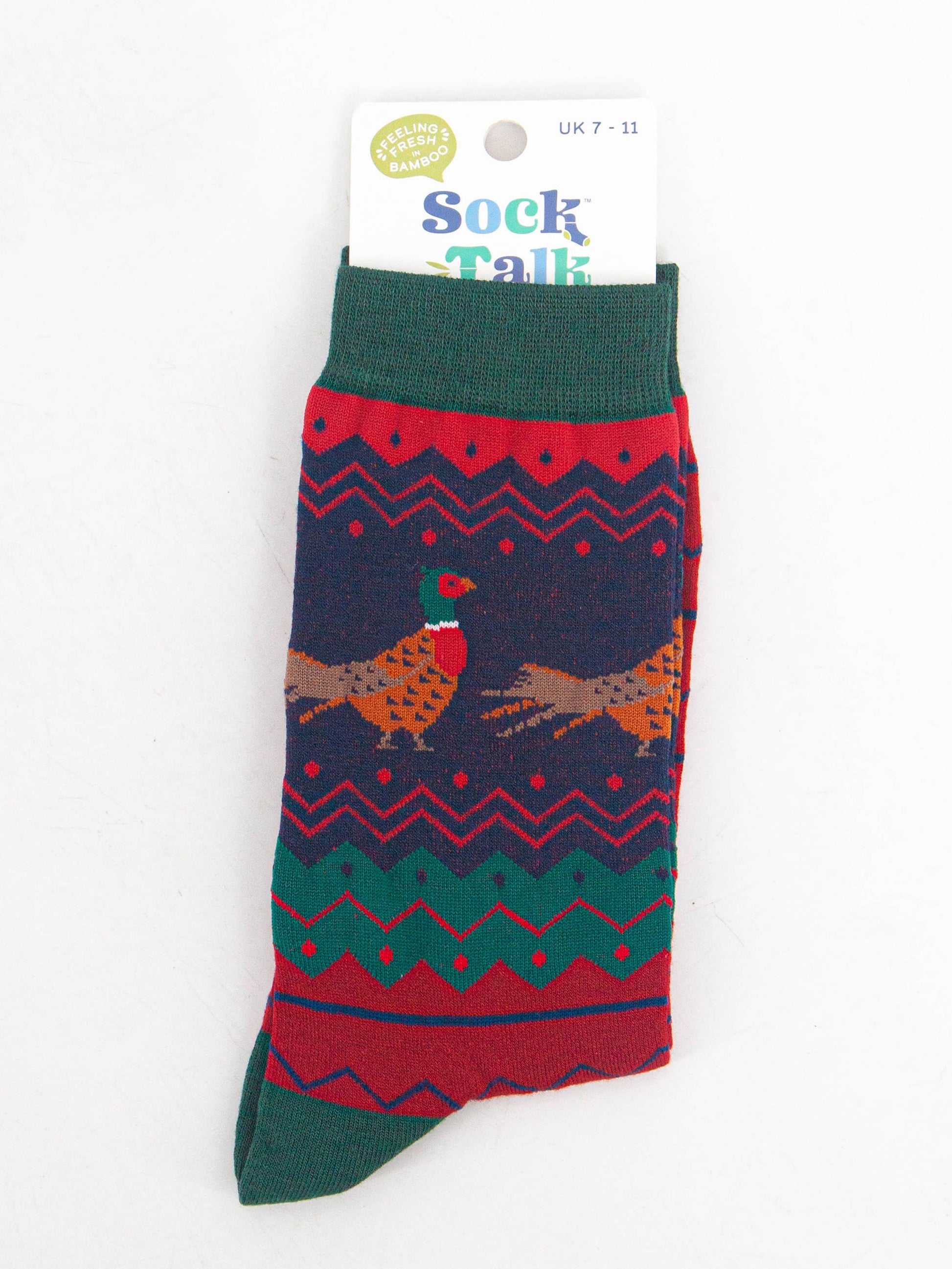 fair isle woodland pheasant bamboo socks in their sock talk packaging, these socks are a uk size 7-11