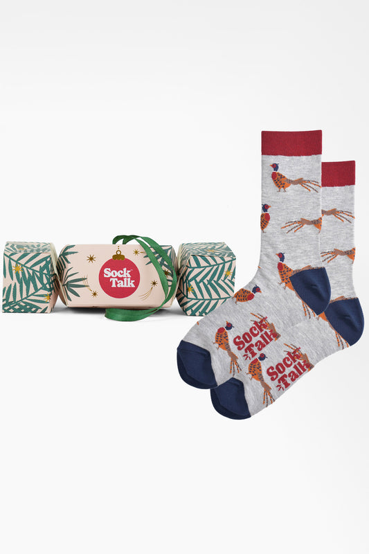 Men's Bamboo Crew Socks Christmas Cracker Gift Box - Grey/Navy Blue, Pheasant