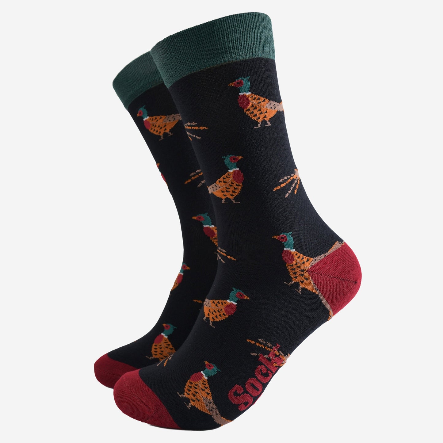 black socks with a pattern of classic woodland pheasants with contrasting red and green heel toe and cuff