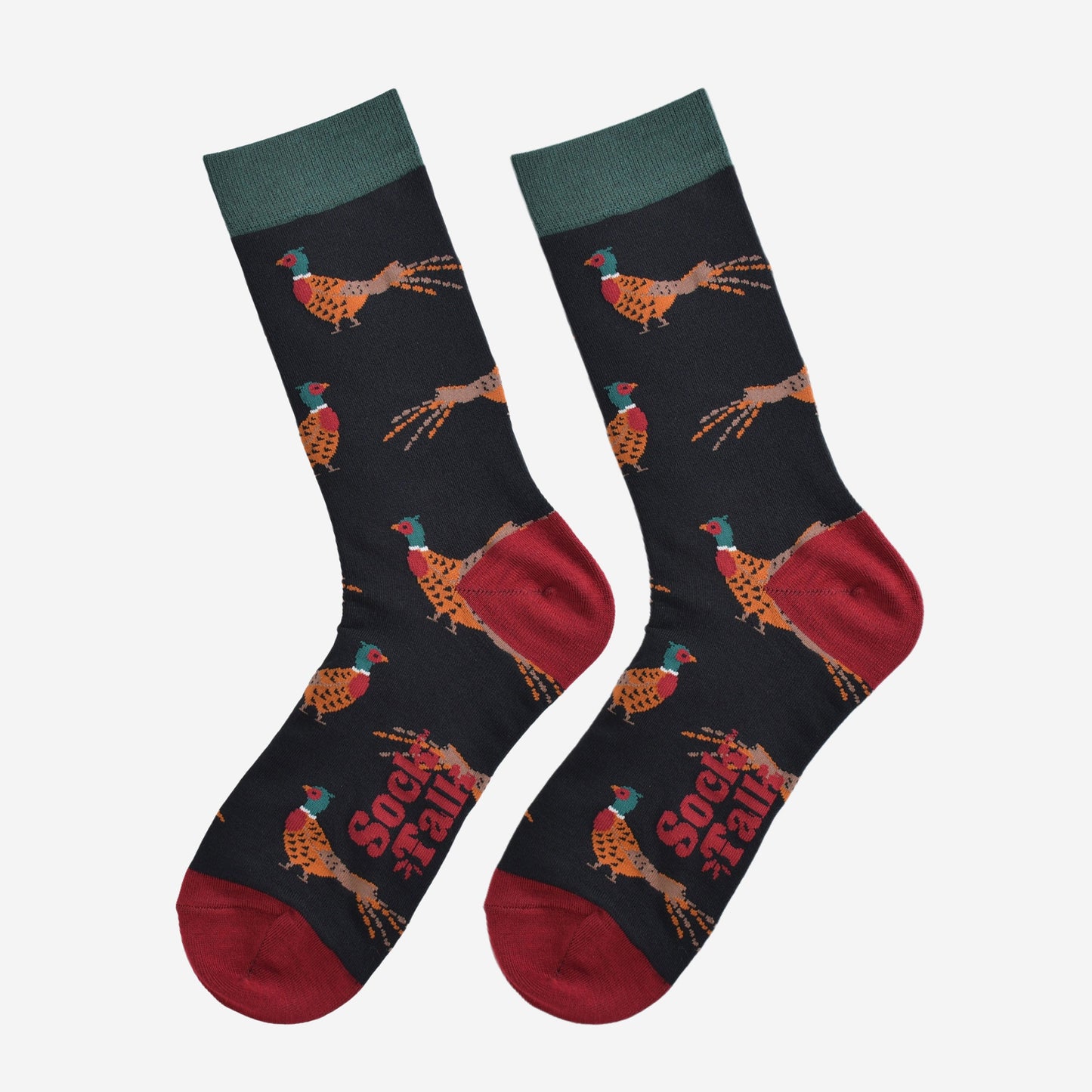 black bamboo socks with a pattern of woodland pheasants all over, the socks are laying flat