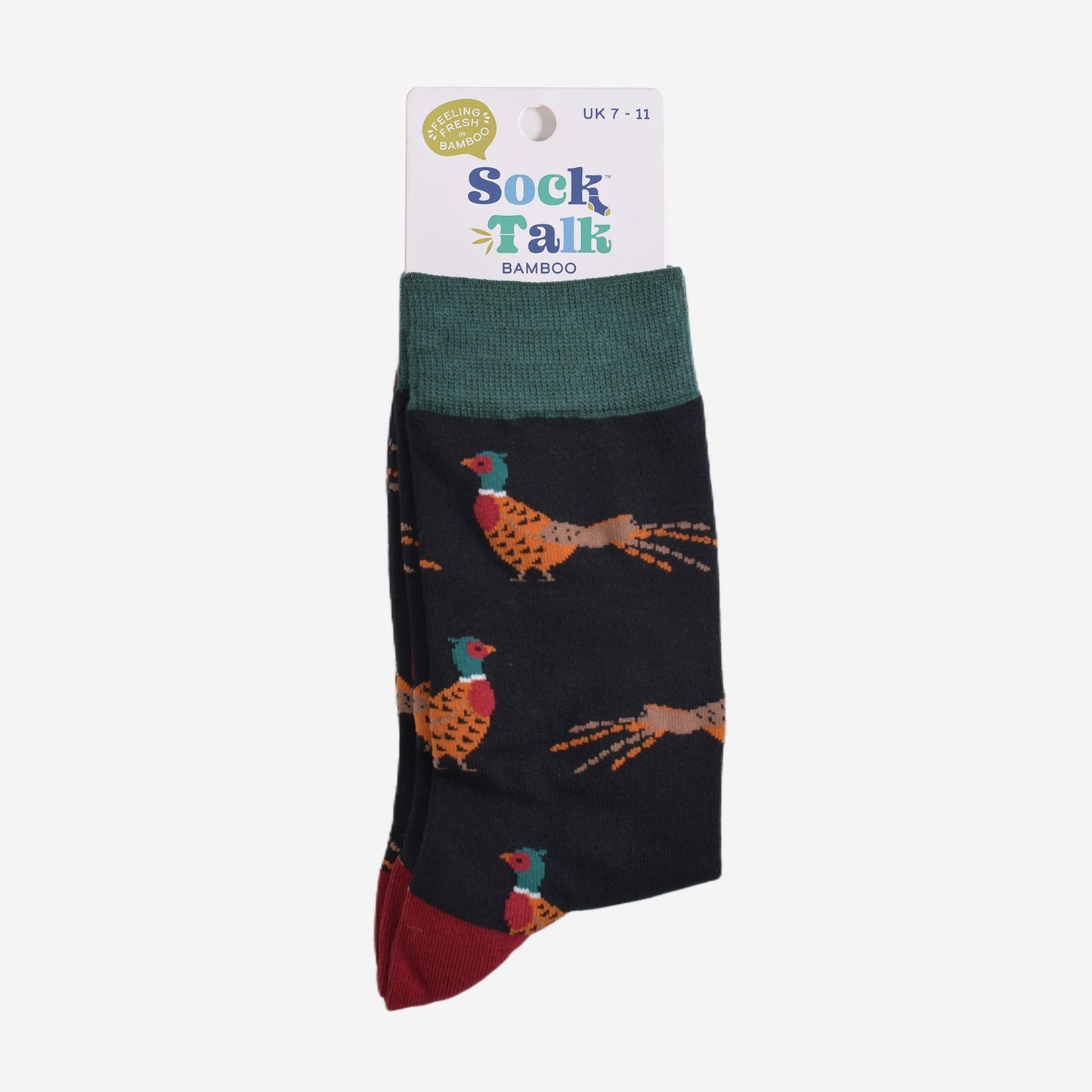 black bamboo woodland pheasant socks in their sock talk packaging, the socks are a uk size 7-11