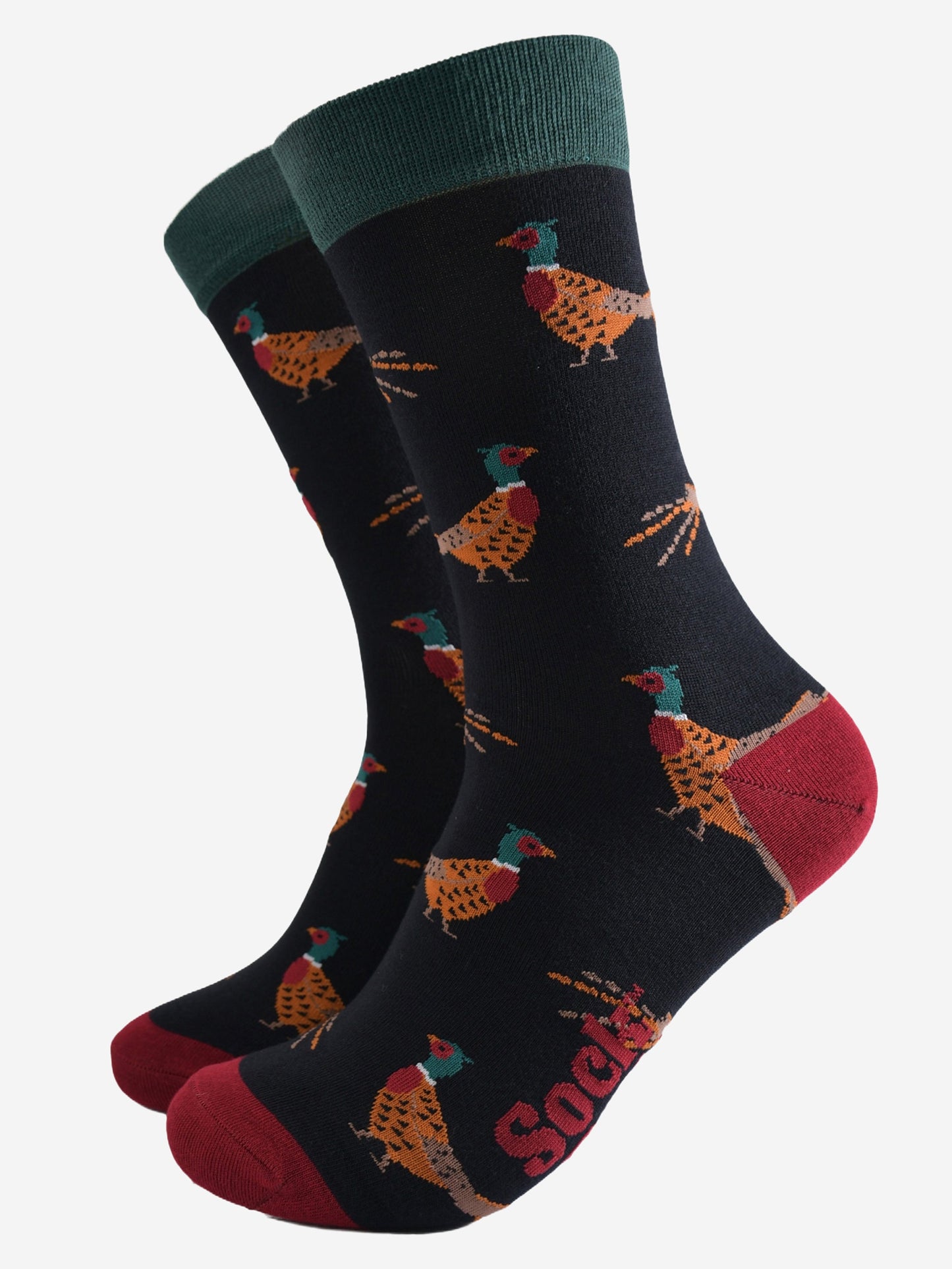 black socks with a pattern of classic woodland pheasants with contrasting red and green heel toe and cuff