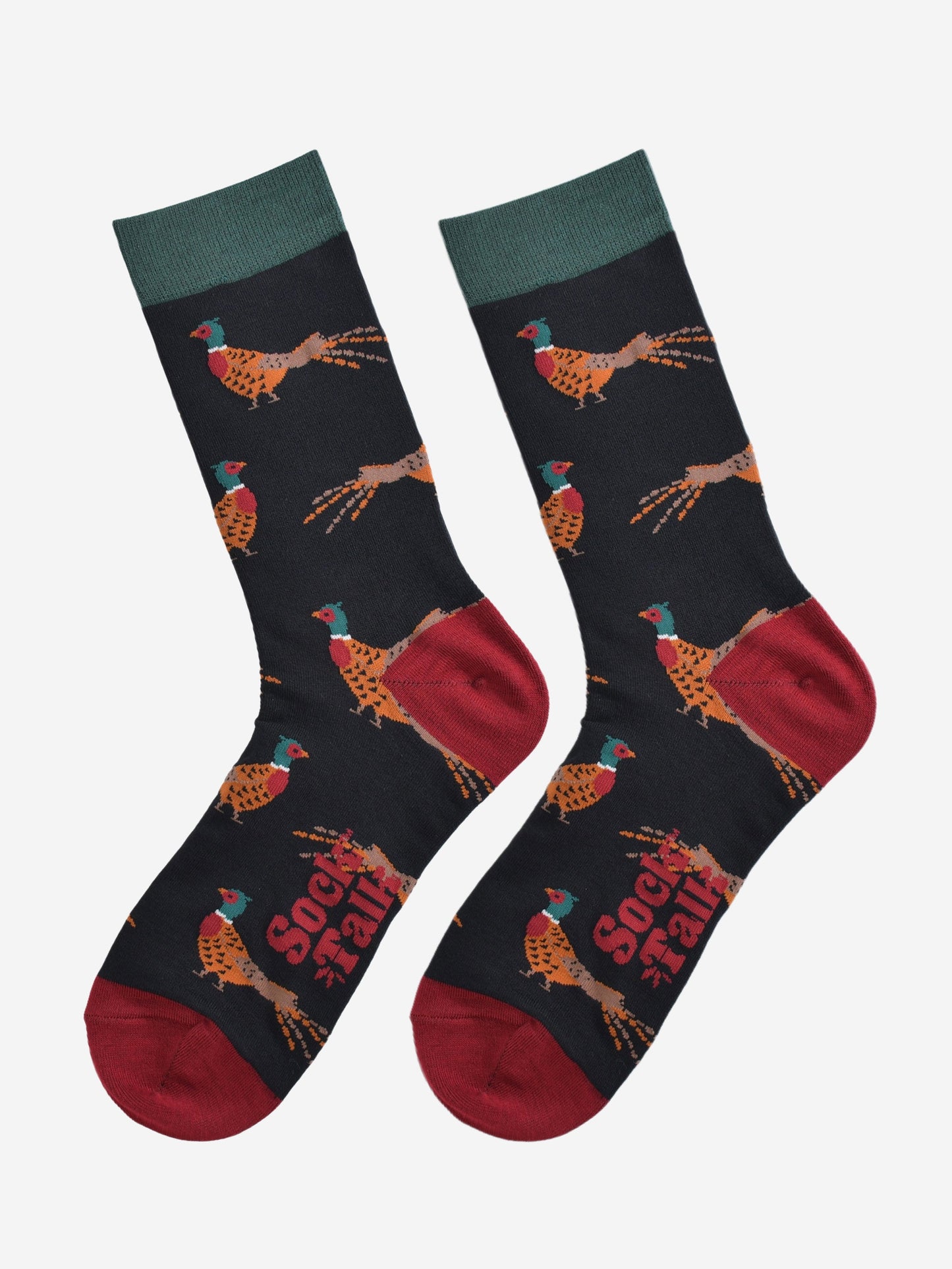 black bamboo socks with a pattern of woodland pheasants all over, the socks are laying flat