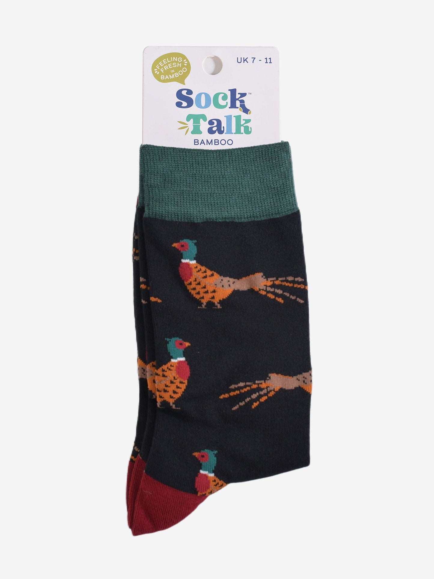 black bamboo woodland pheasant socks in their sock talk packaging, the socks are a uk size 7-11