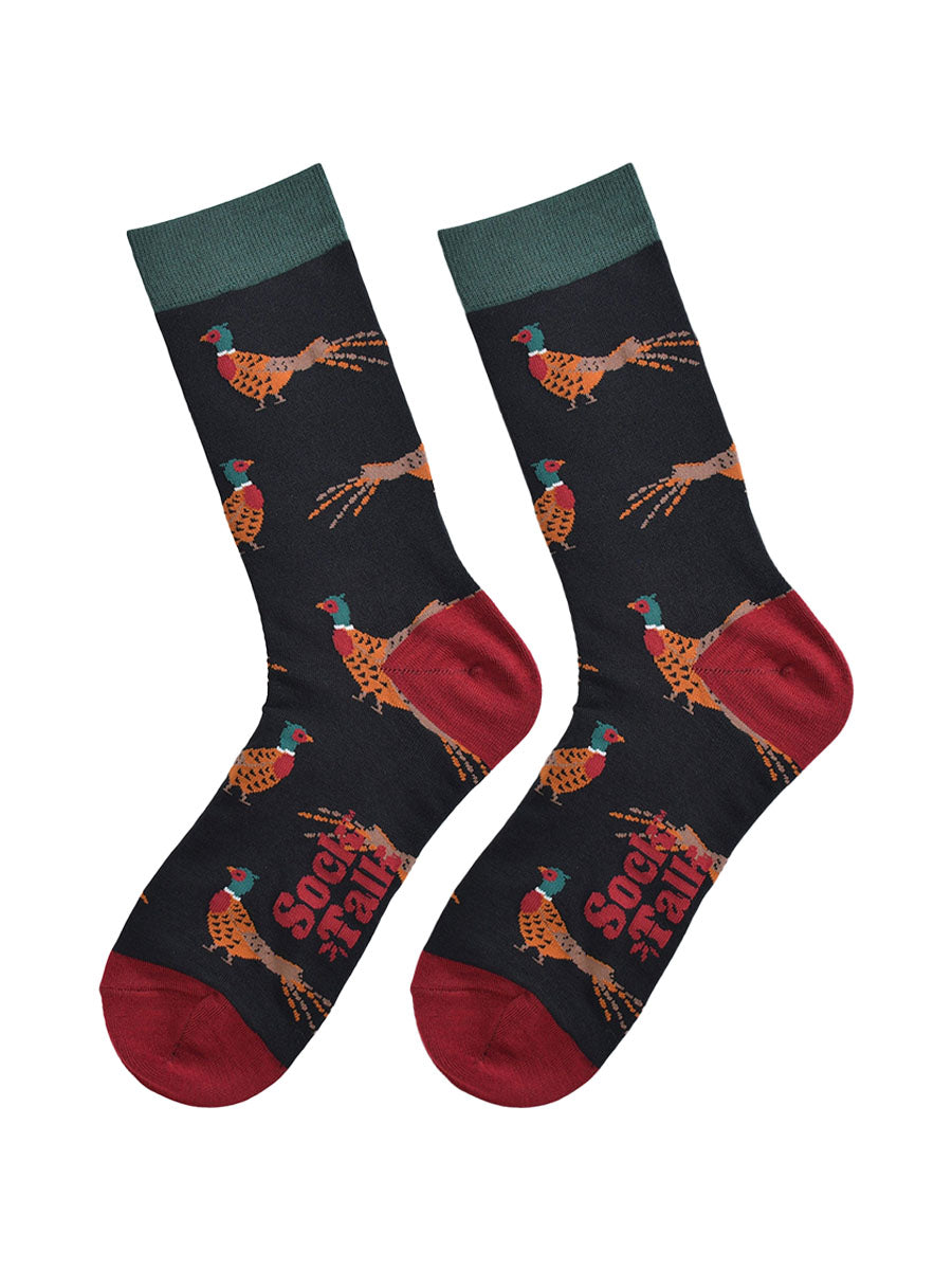 black bamboo socks with a pattern of woodland pheasants all over, the socks are laying flat