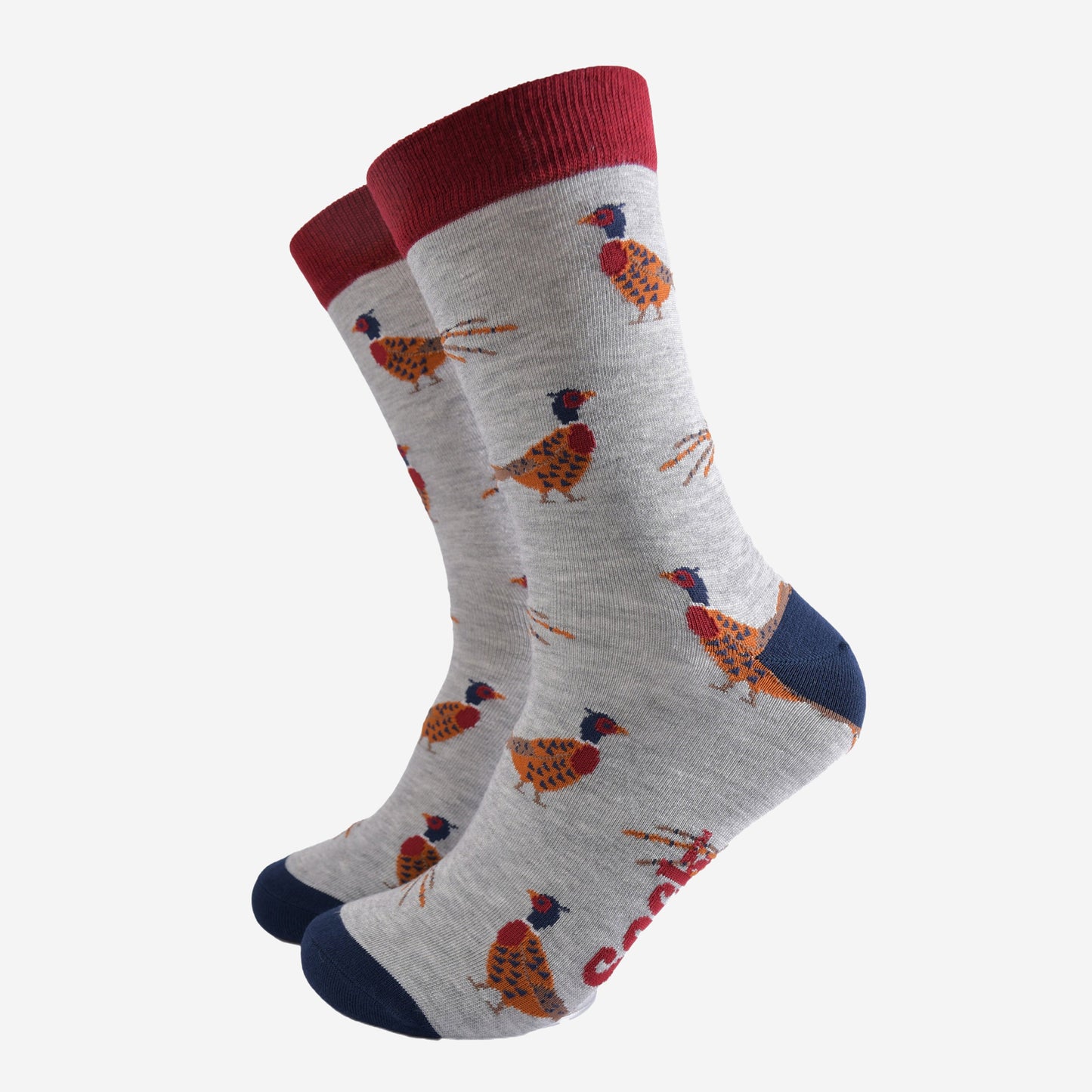 light grey socks with a pattern of classic woodland pheasants with contrasting red and navy blue heel toe and cuff