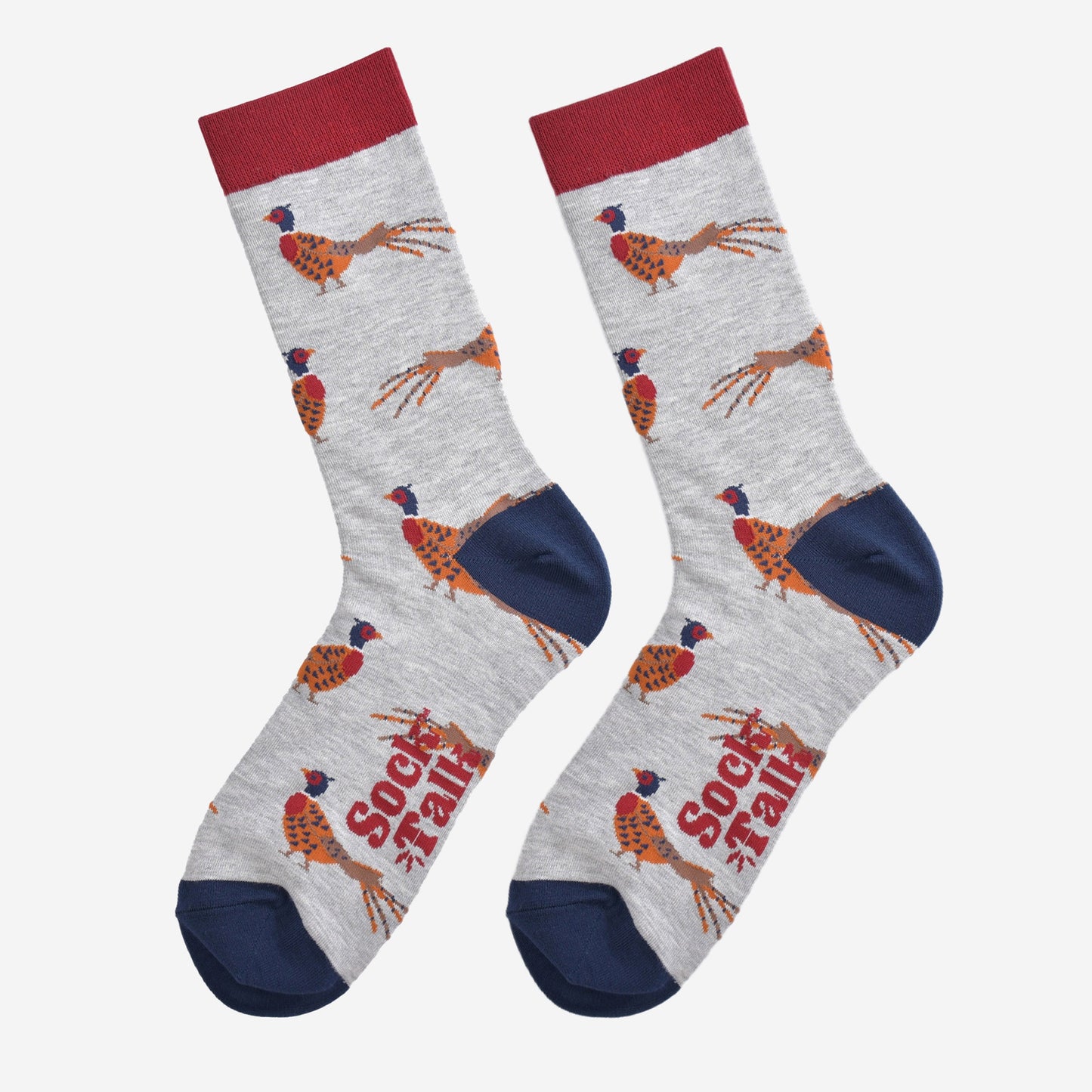 grey bamboo socks with a pattern of woodland pheasants all over, the socks are laying flat