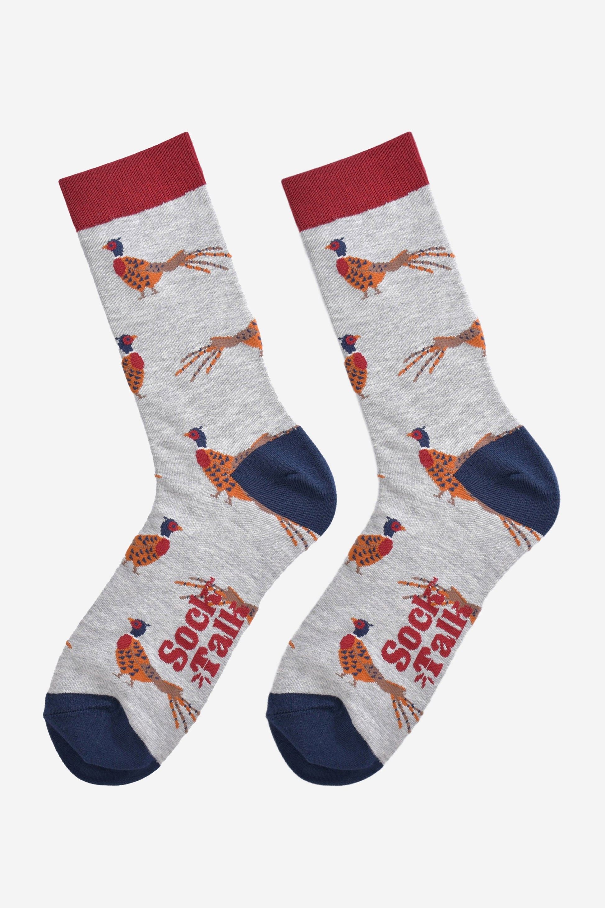 grey bamboo socks with a pattern of woodland pheasants all over, the socks are laying flat