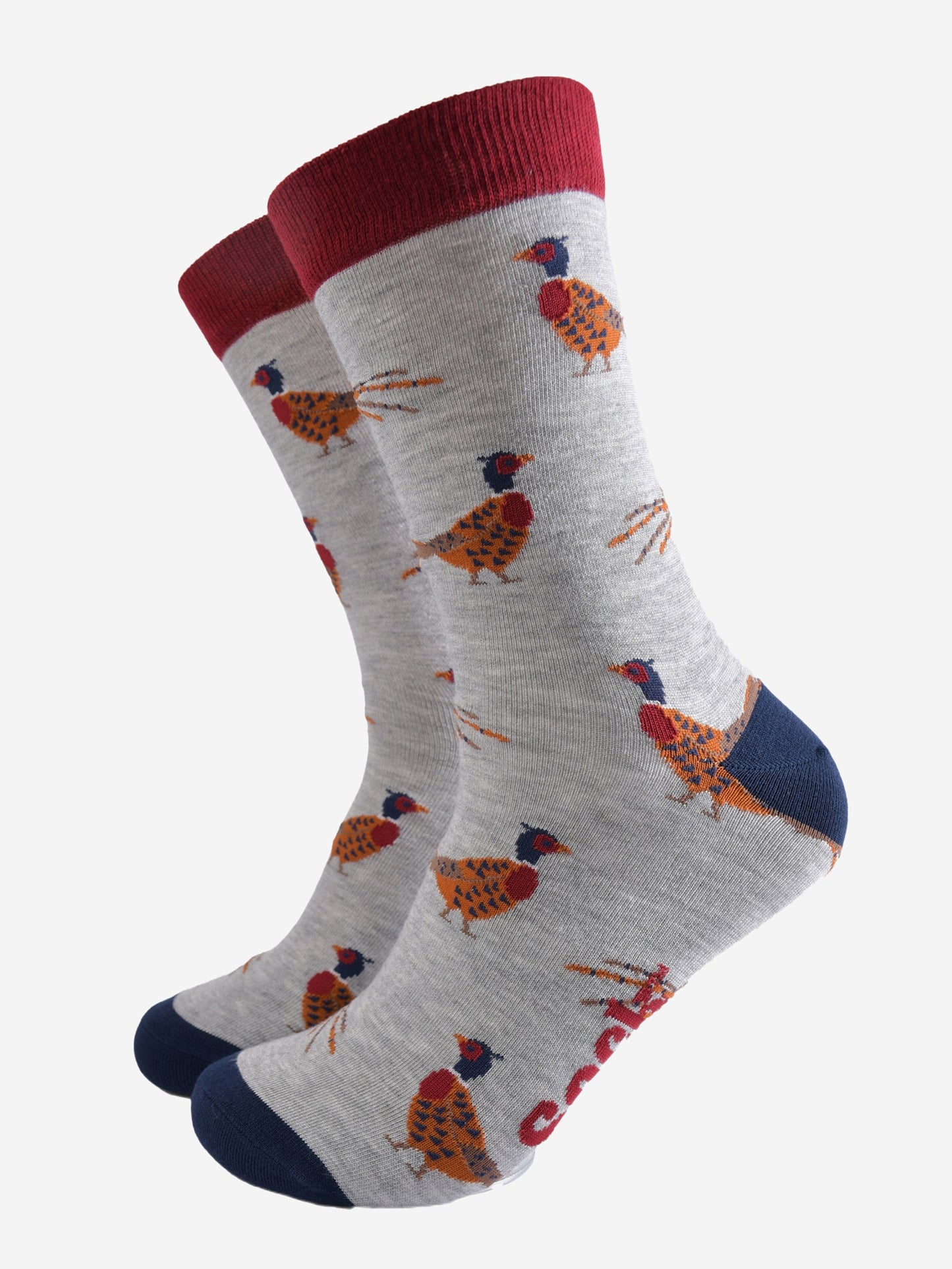 light grey socks with a pattern of classic woodland pheasants with contrasting red and navy blue heel toe and cuff