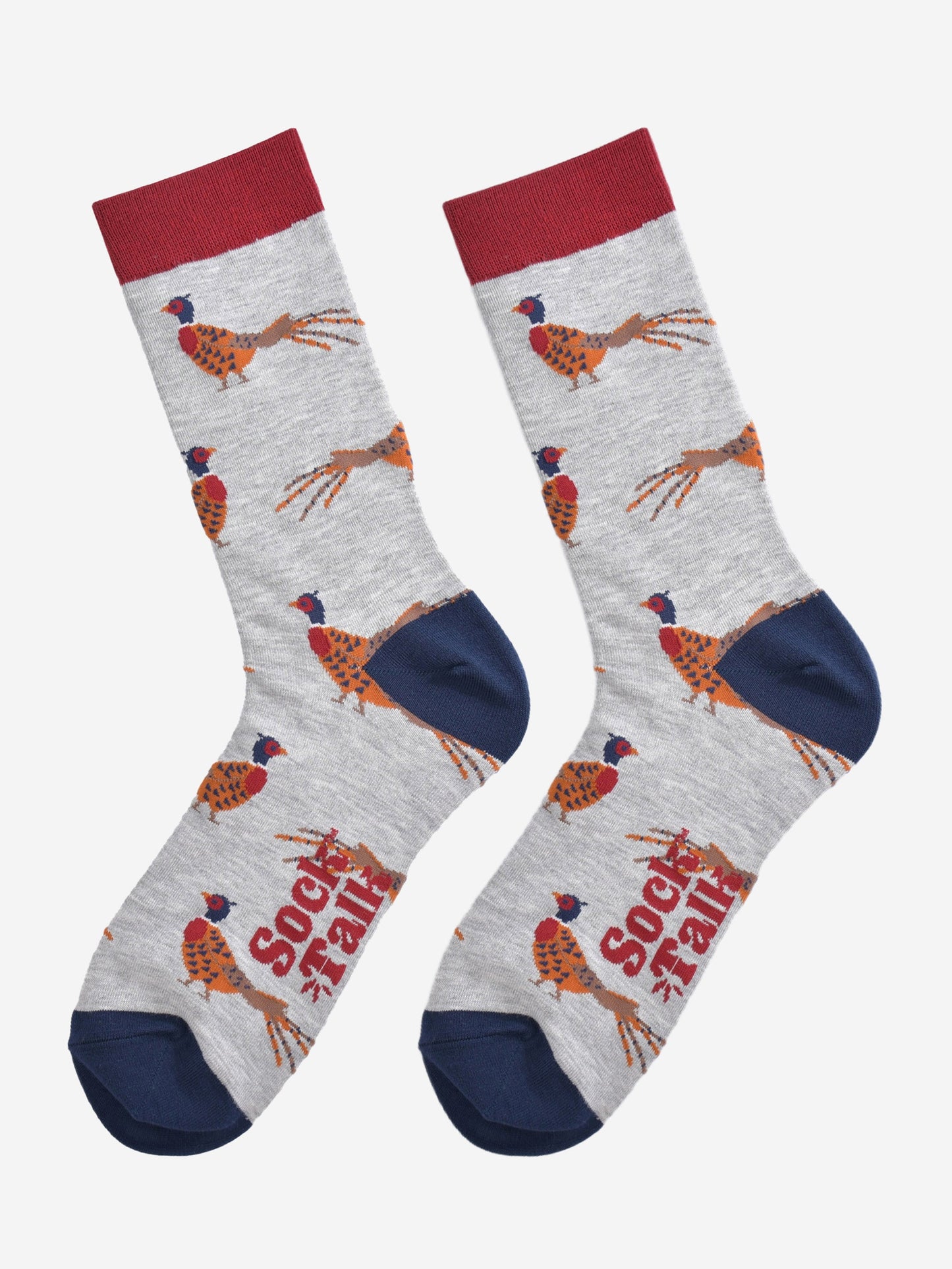 grey bamboo socks with a pattern of woodland pheasants all over, the socks are laying flat