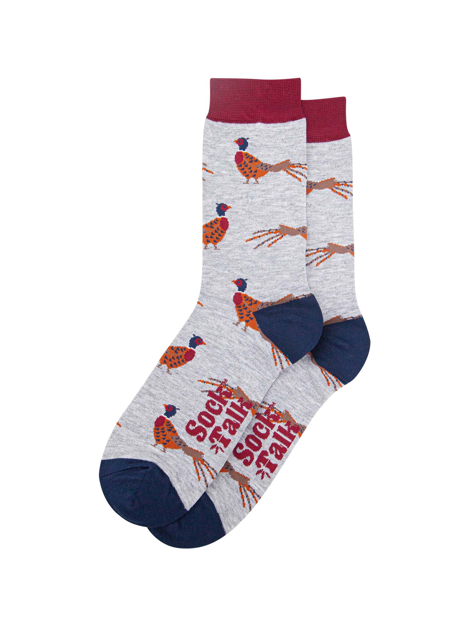 grey bamboo socks with a pattern of woodland pheasants all over, the socks are laying flat