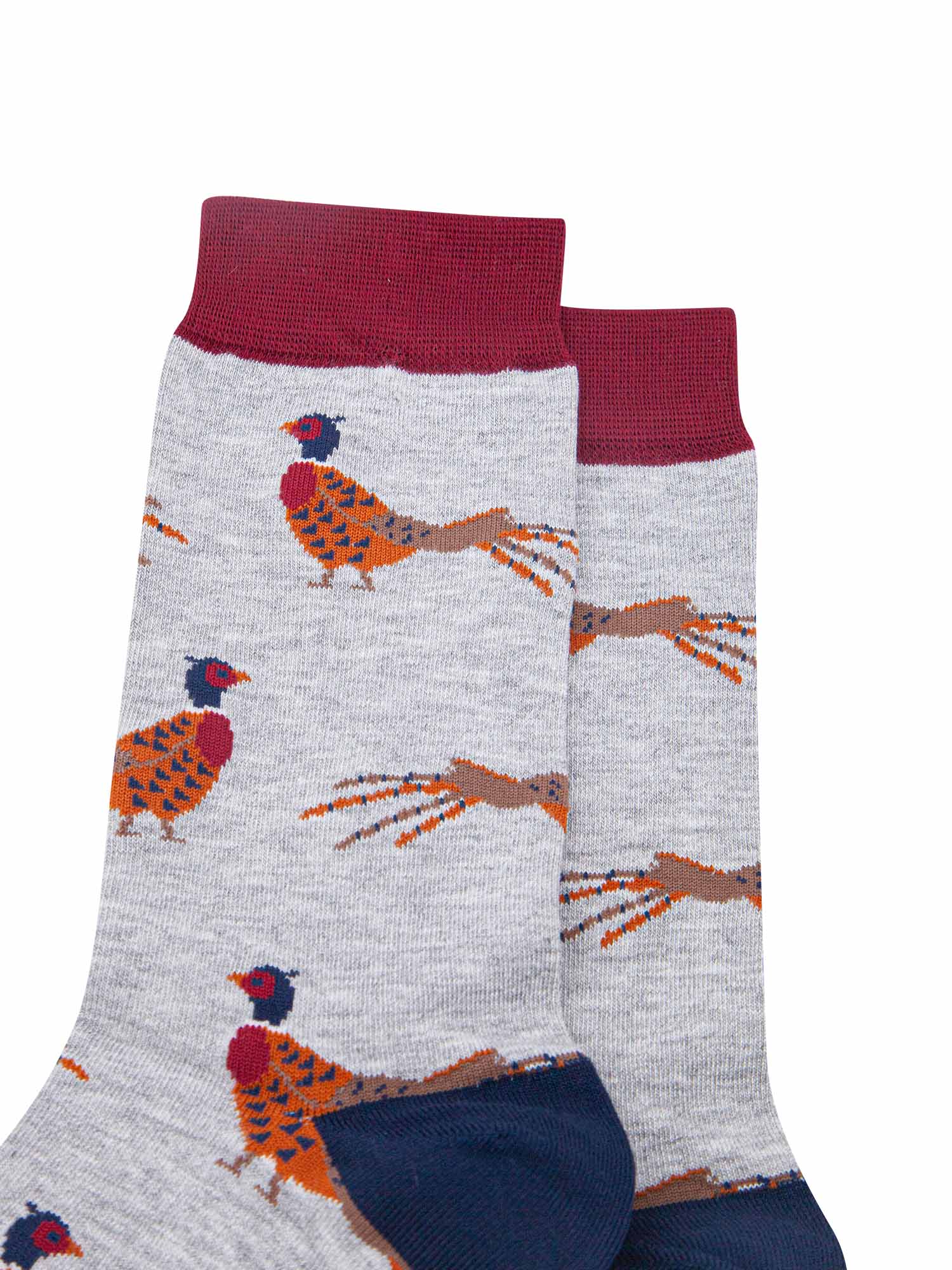 close up of the woodland pheasant pattern on the light grey bamboo socks, showing the detail of the design