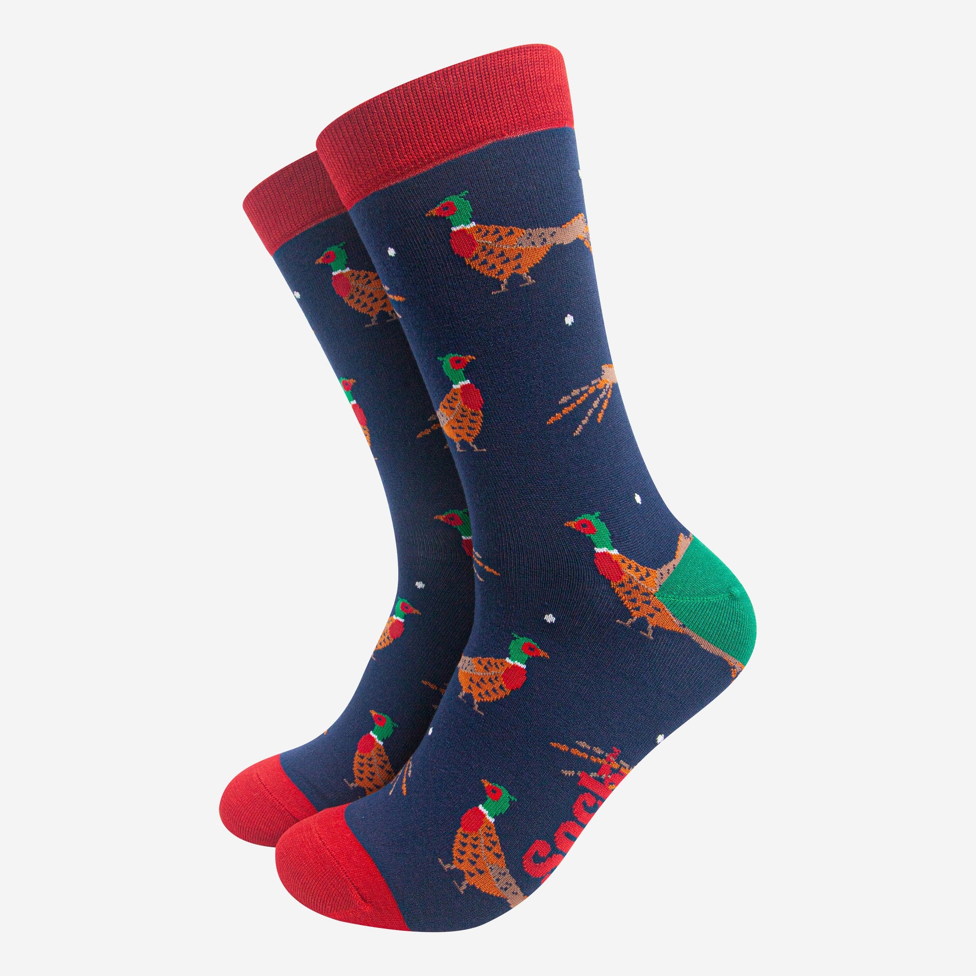 navy blue socks with a pattern of classic woodland pheasants with contrasting red and green heel toe and cuff