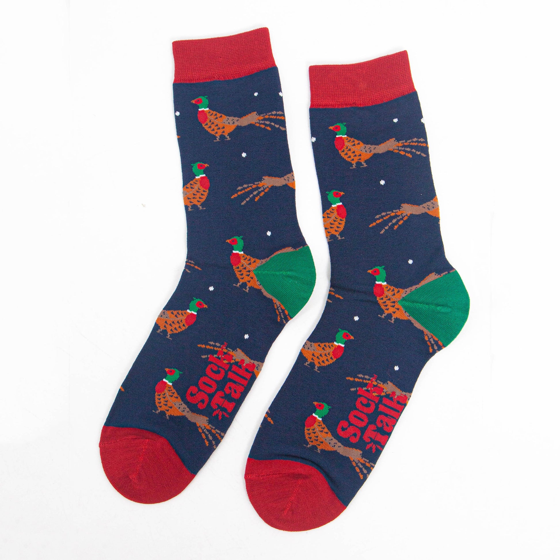 showing the navy blue pheasant socks laying flat, the pheasants are a colourful , orange and brown with red bellies and green and red heads. 
