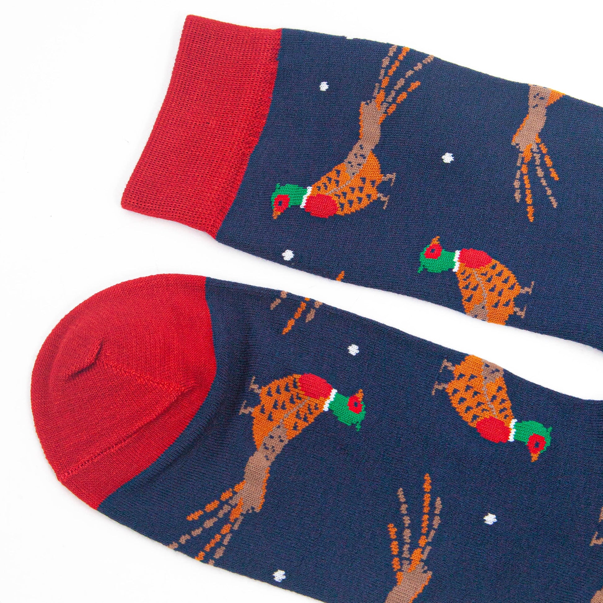 close up of the toe and cuff, both are red and contrast the navy blue base of the socks and complement the red accents on the pheasants