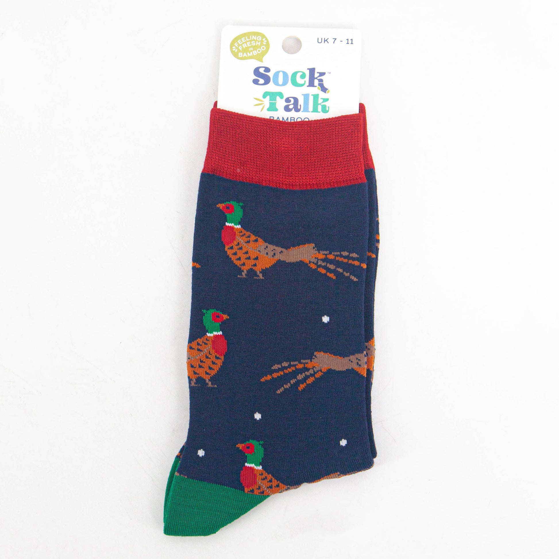 navy blue pheasant bamboo socks in their socks talk packaging, the socks are a uk size 7-11