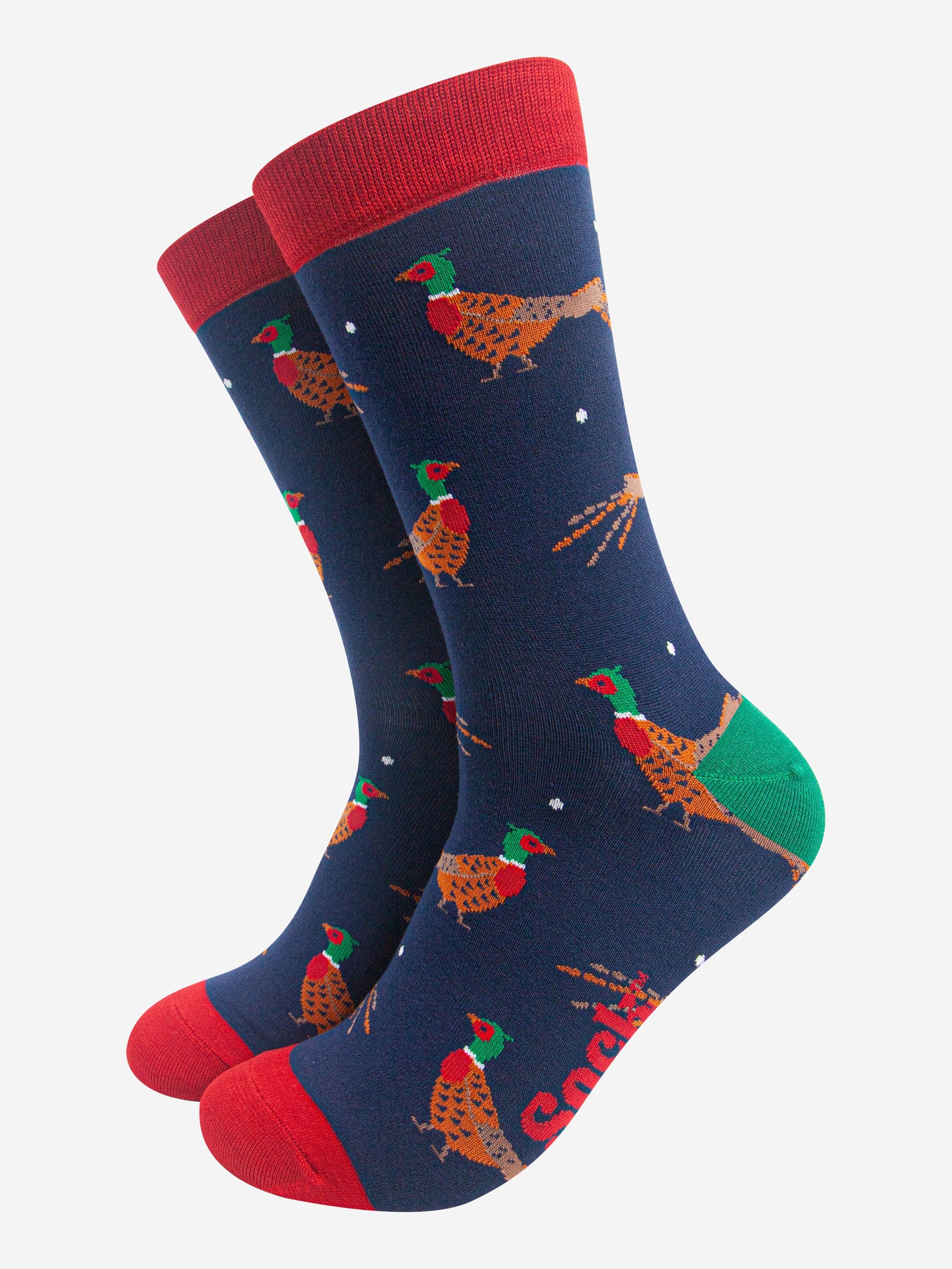 navy blue socks with a pattern of classic woodland pheasants with contrasting red and green heel toe and cuff