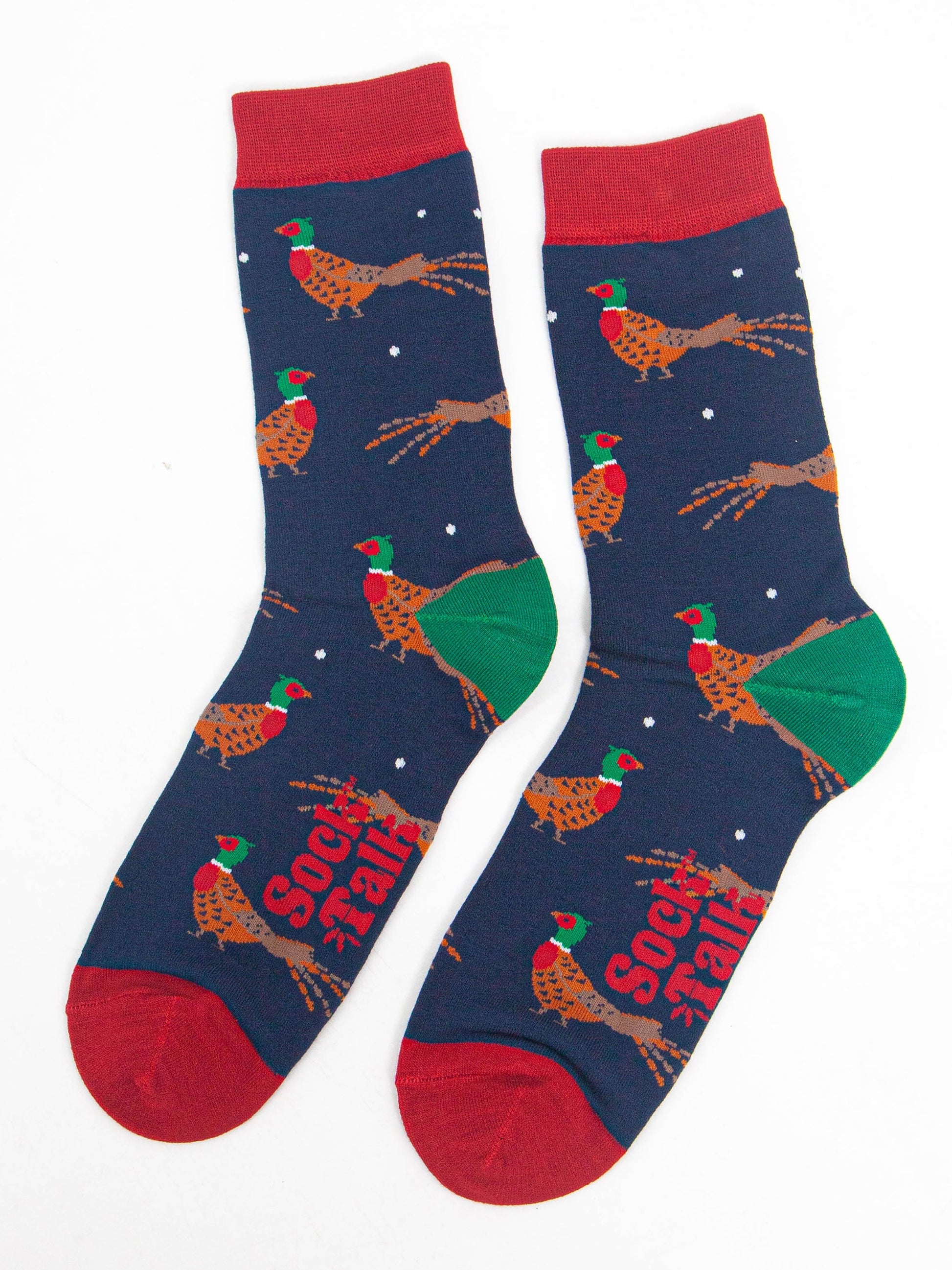 showing the navy blue pheasant socks laying flat, the pheasants are a colourful , orange and brown with red bellies and green and red heads. 