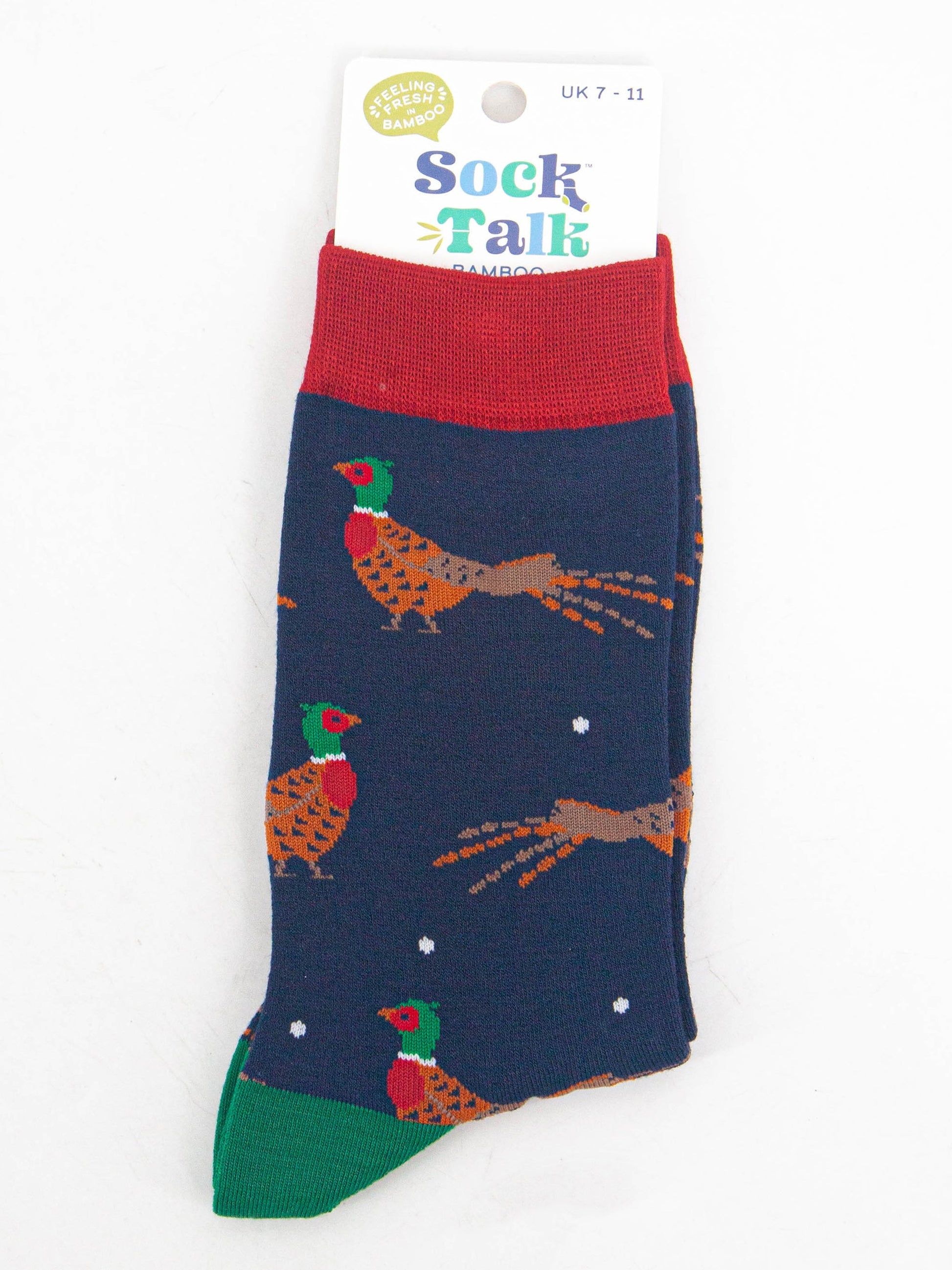 navy blue pheasant bamboo socks in their socks talk packaging, the socks are a uk size 7-11