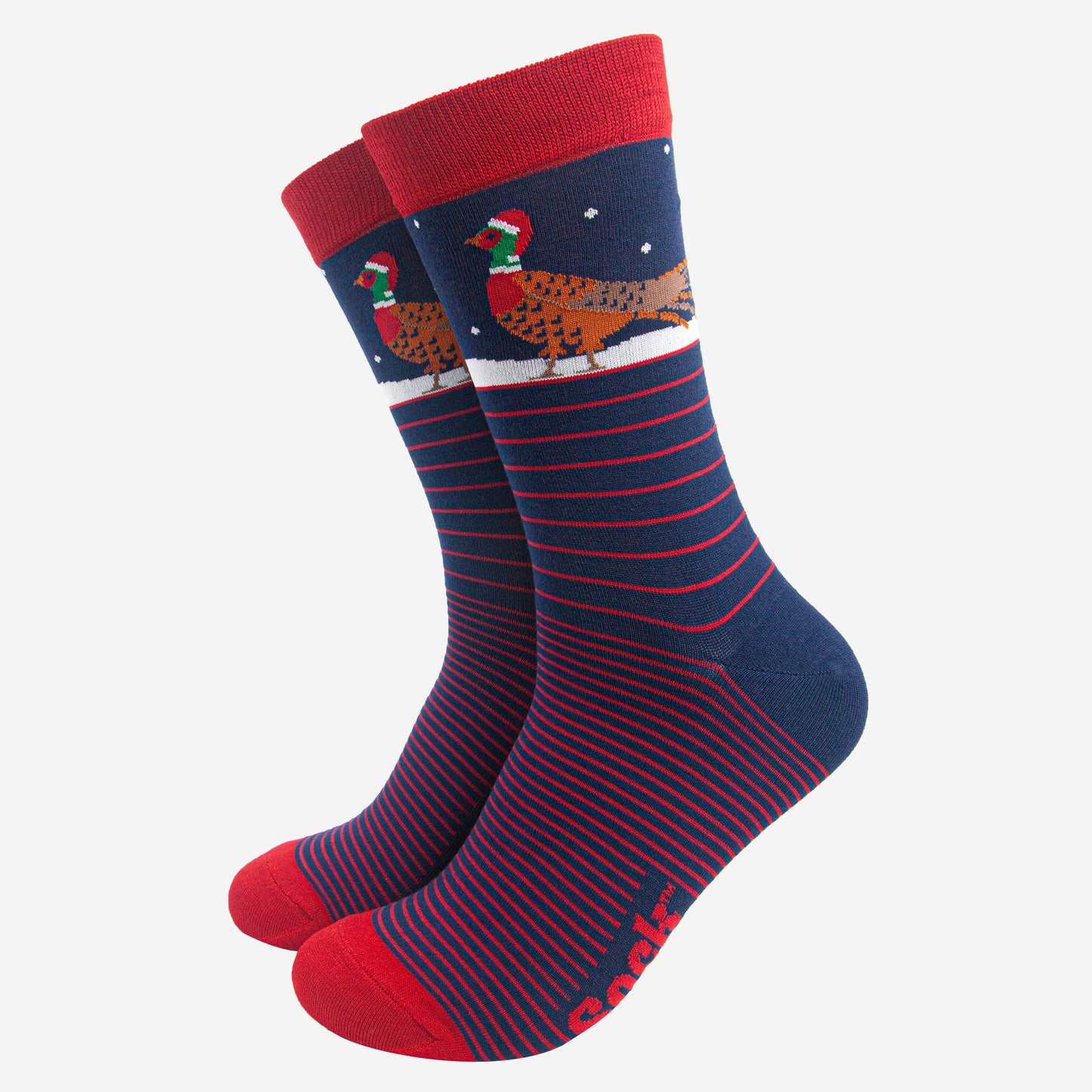 navy blue and red striped socks featuring a woodland pheasant wearing a santa hat