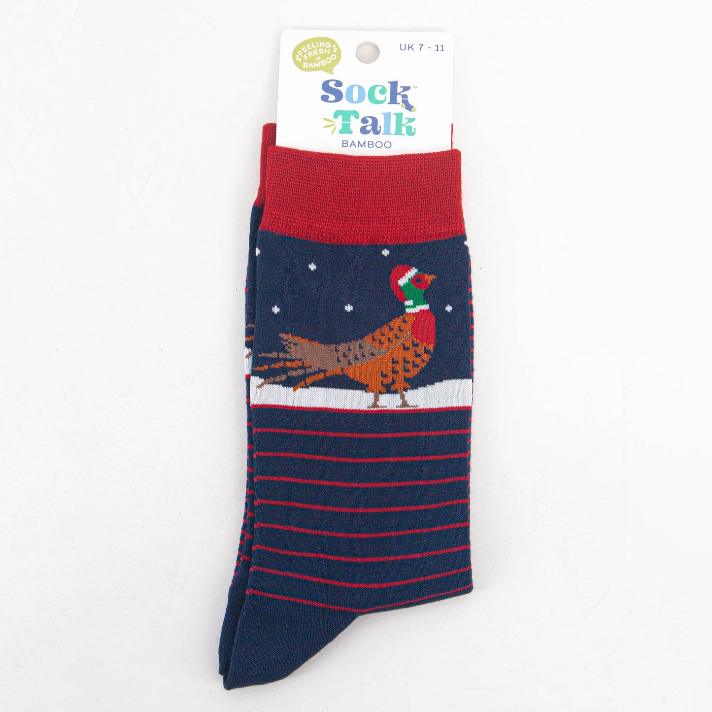 christmas pheasant bamboo socks in their sock talk packaging, these socks are a uk size 7-11